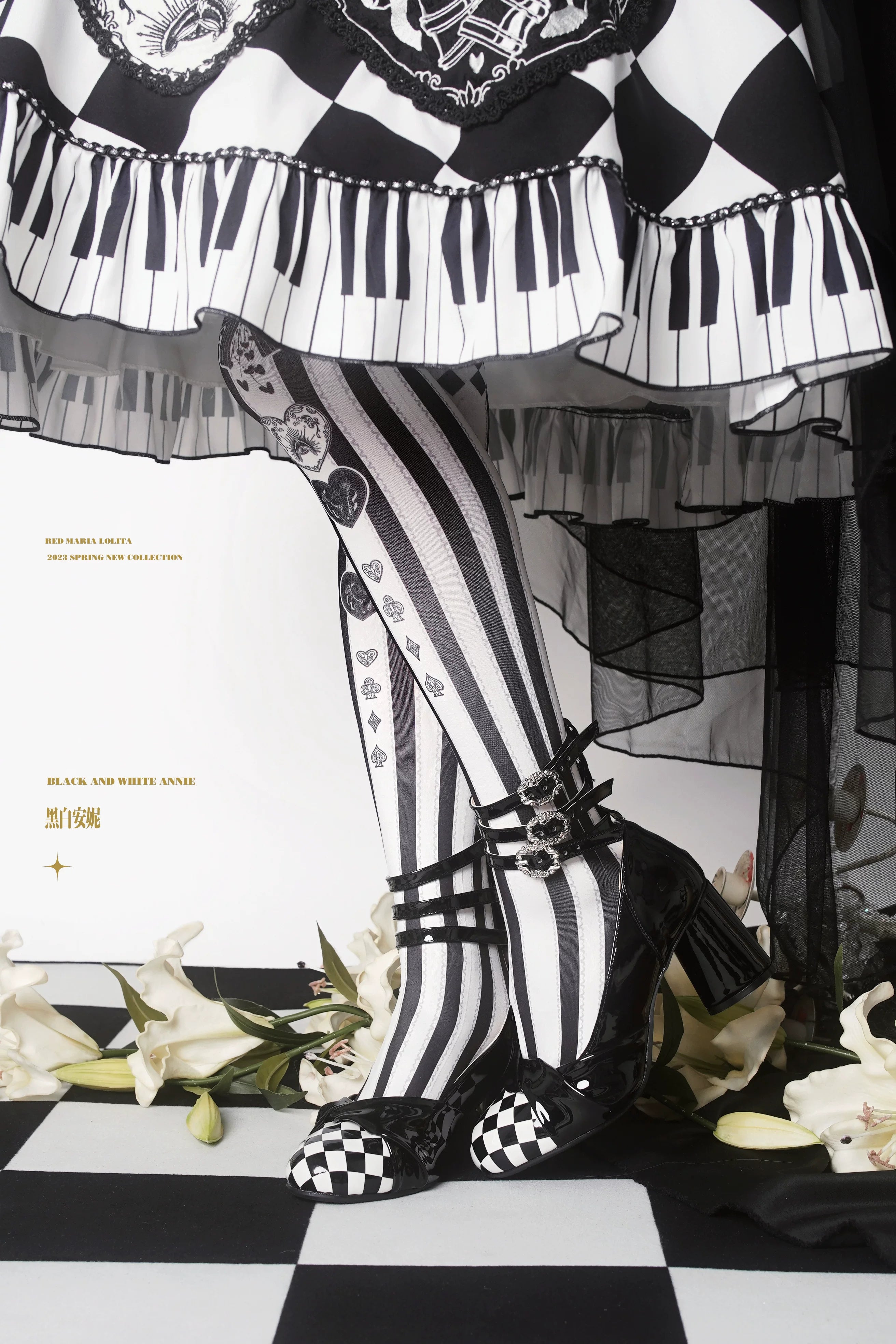 Black-white Anne - Gothic Lolita Velvet Tights, Checkerboard & Stripes Black and White One Size
