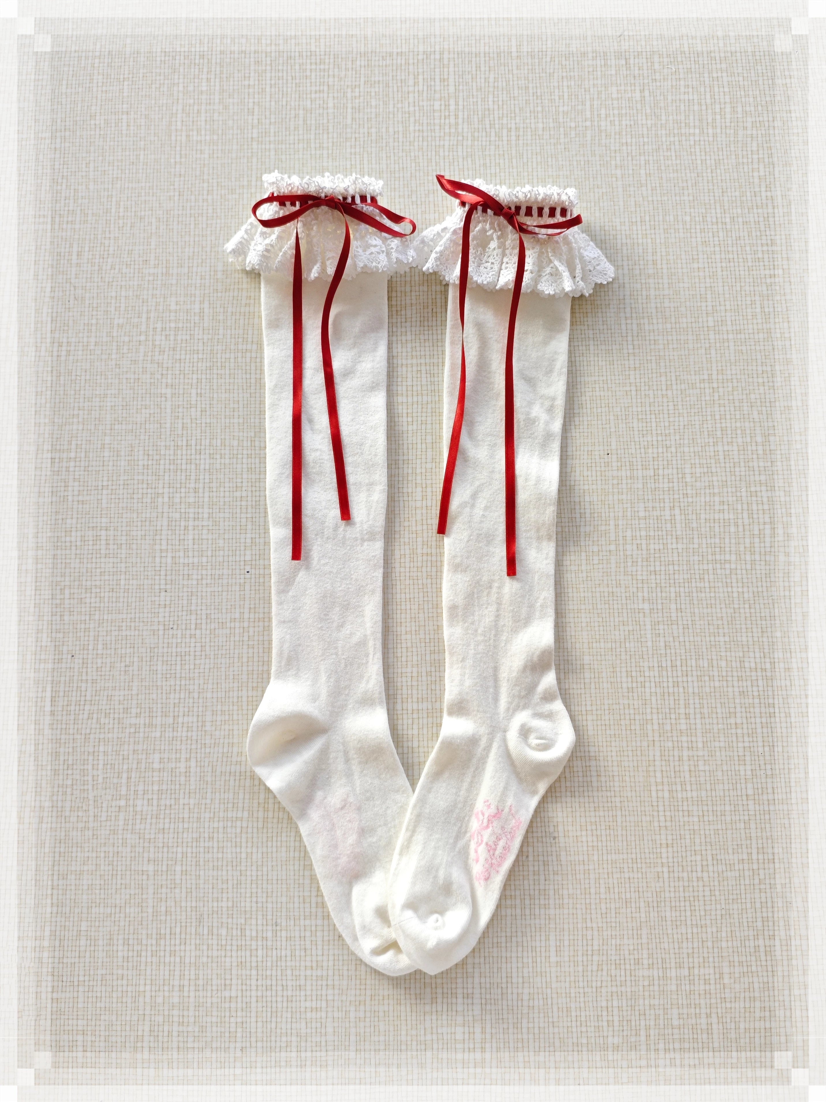 Cotton Old School Lolita White Socks with Colorful Ribbon Bows 45537:853884