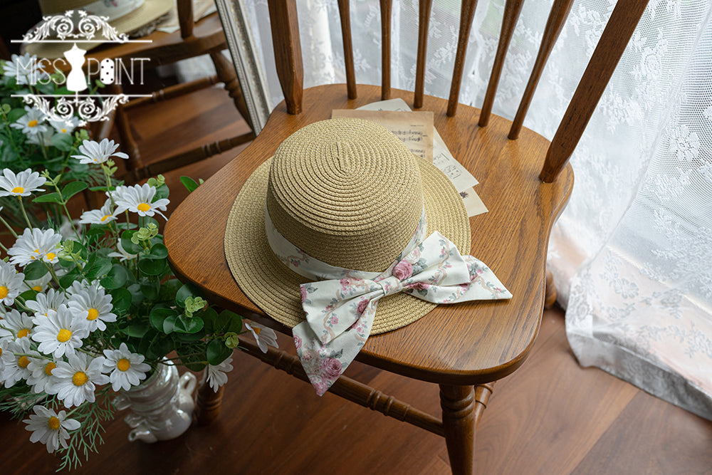 Miss Point - Happy Summer Cute Lolita Hairdband Straw Hat ivory floral straw hat