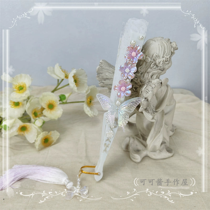 Cocoa Jam - Han Lolita Fan Decorative Folding Fan with Butterfly and Flowers Tassel white purple
