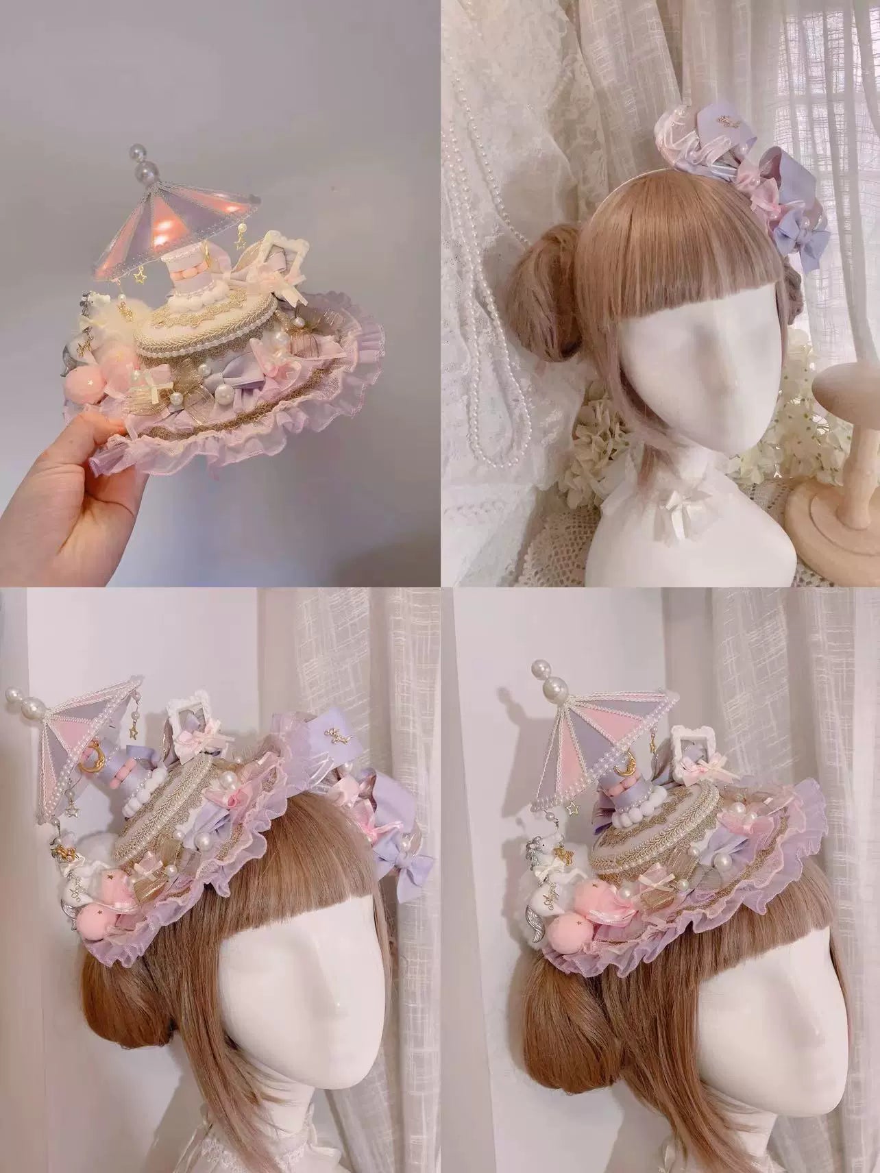 Cat Box - Night Party - Kawaii Lolita Small Top Hat KC Headdress Dreaming horse pink and purple Hat + headband