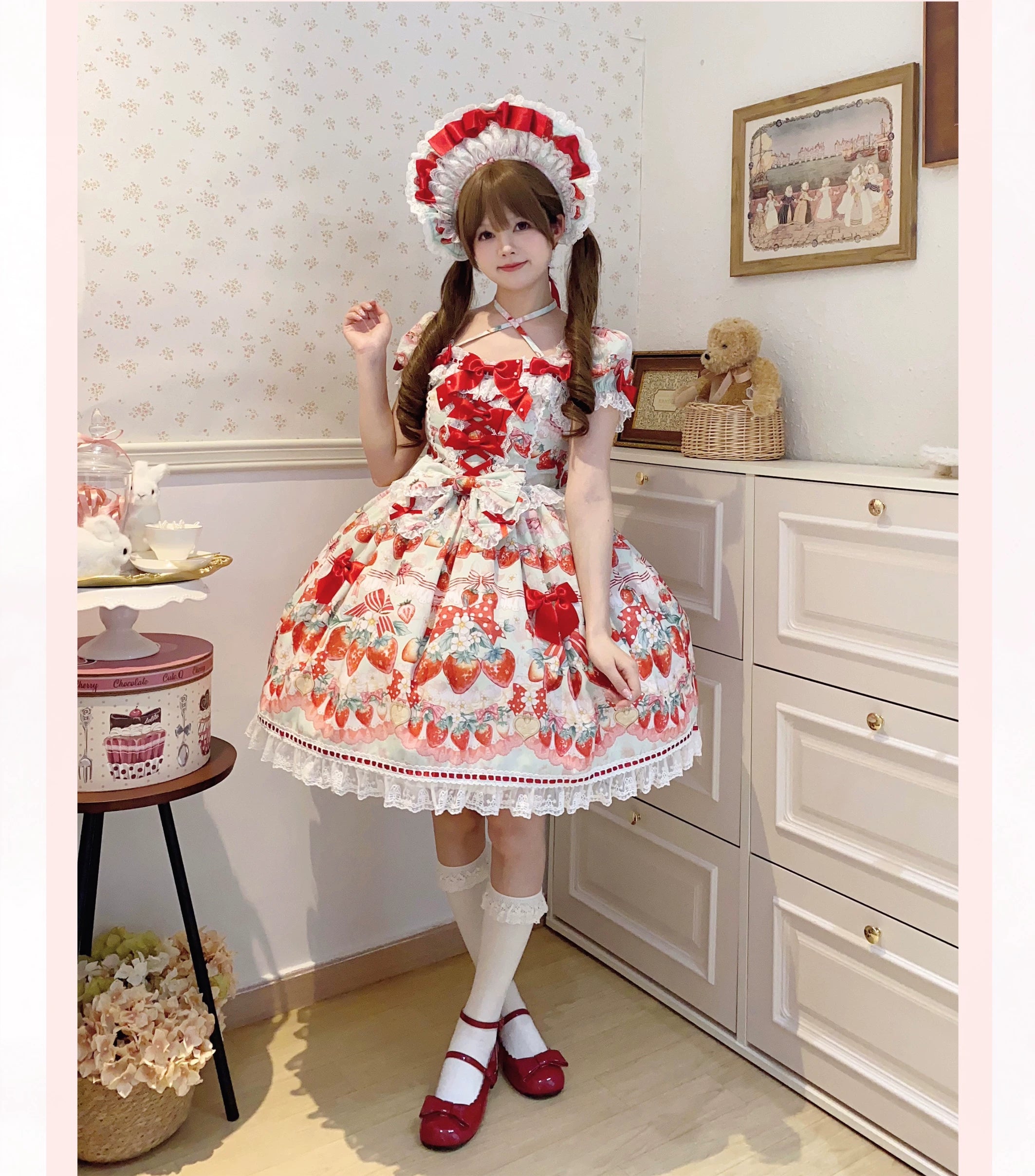 Strawberry Cream Bouquet - Printed Sweet Lolita OP Dress, Halter Neckline