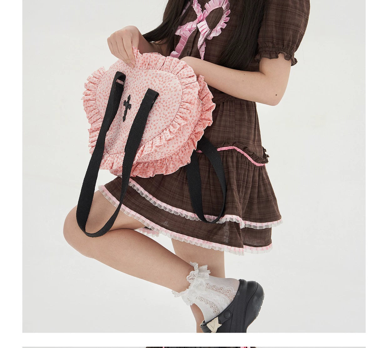 Soso Meme Club - Vintage Lolita Heart Shaped Plaid Dot Print JK Uniform Bag