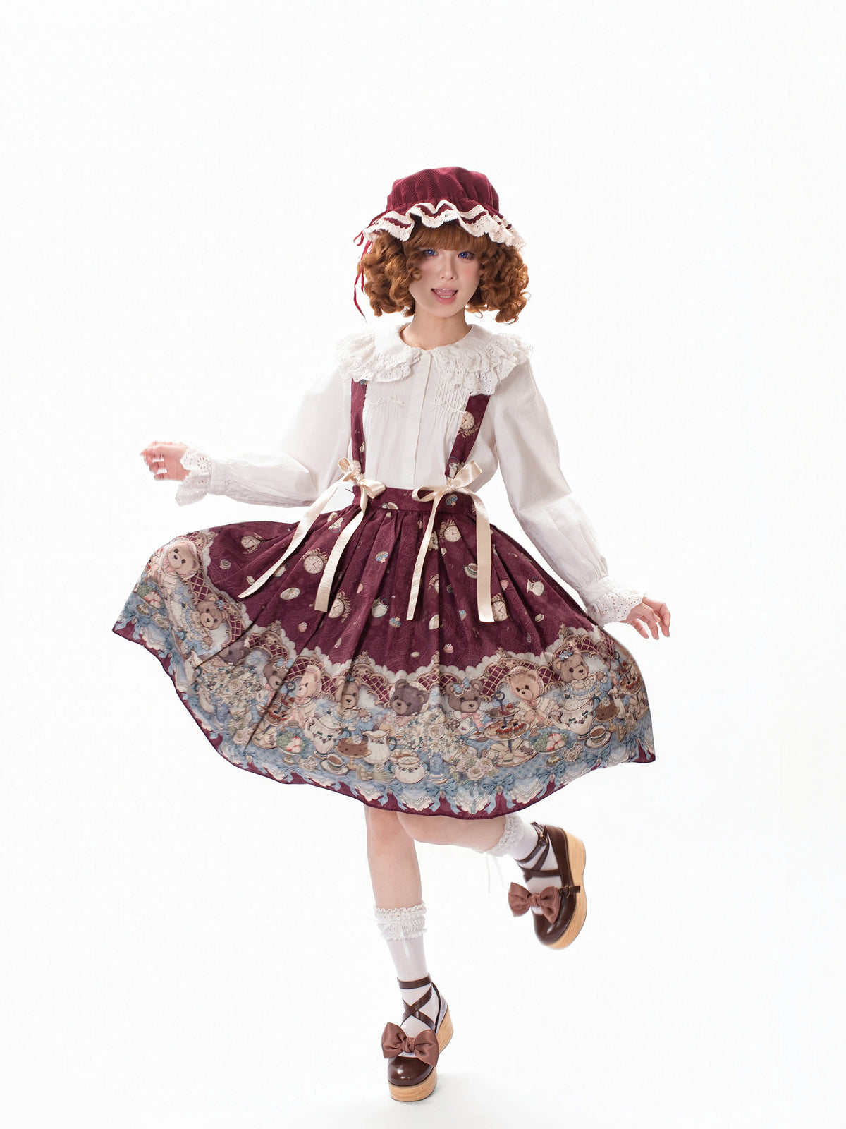 Bear's Tea Party - Kawaii Vintage Lolita Suspender Skirt, Bear Print 46007:871889