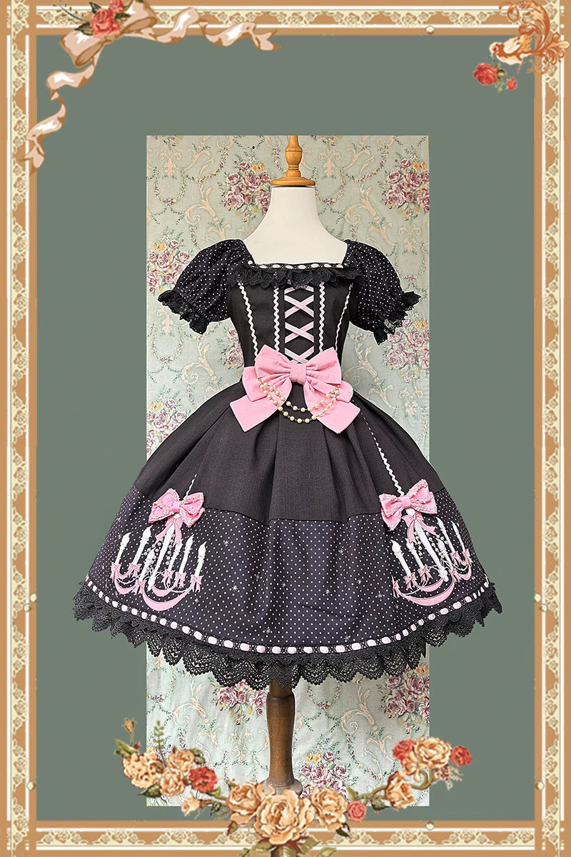 Chandelier - Old School Lolita Dress, Polka Dot, Chandelier Print (L M S XL) 44388:806734