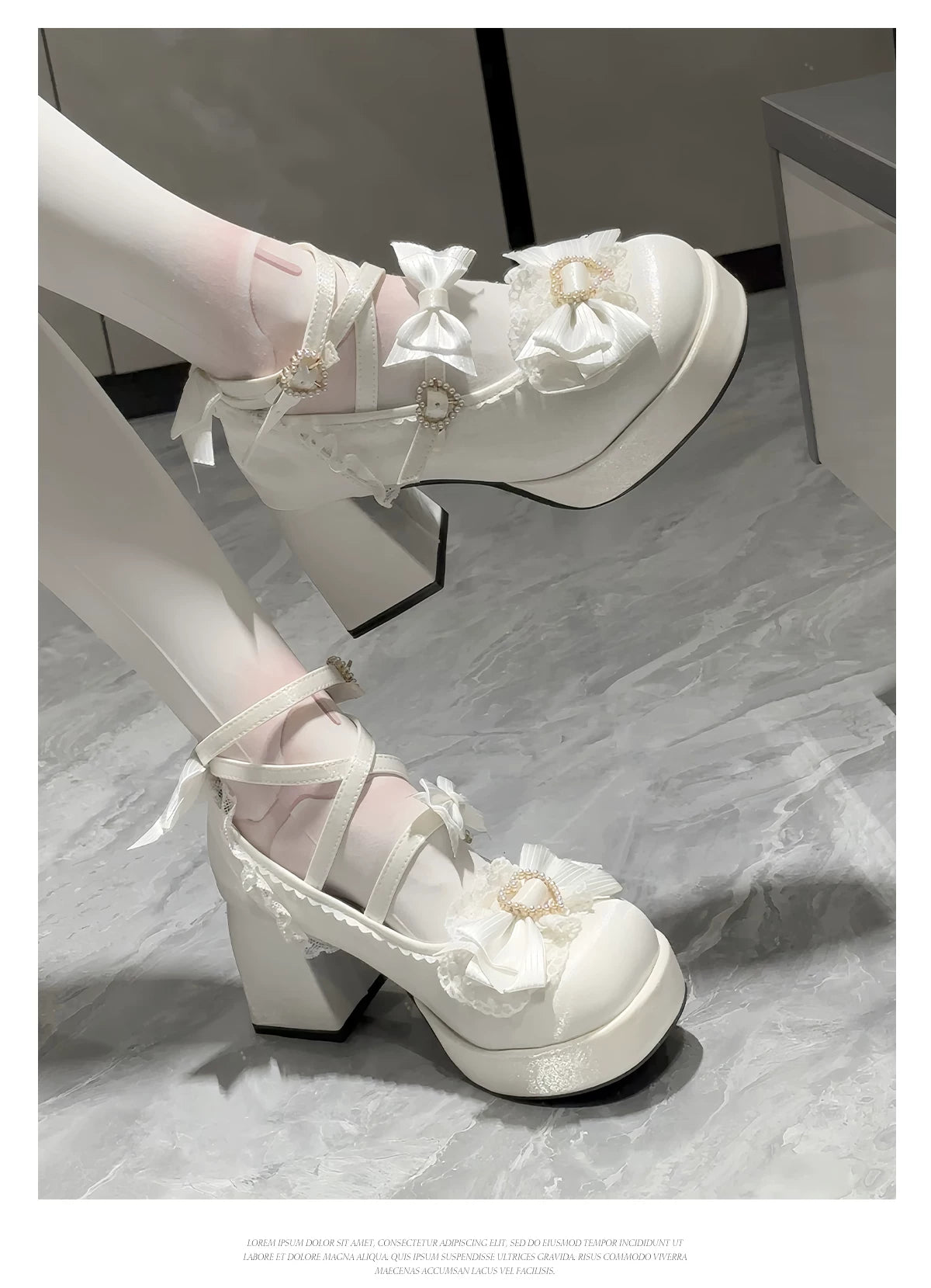 Romance of Hearts - Sweet Lolita Chunky Heeled Shoes, Pearl Heart Accents 45692:859310