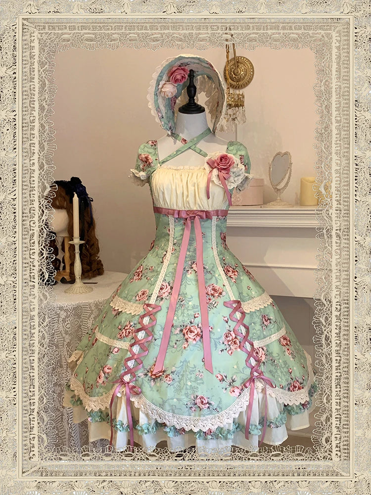 Starry Whisper - Six-panel Old School Lolita Rose Print OP Dress, Back Opening (L M S XL) 45791:865211