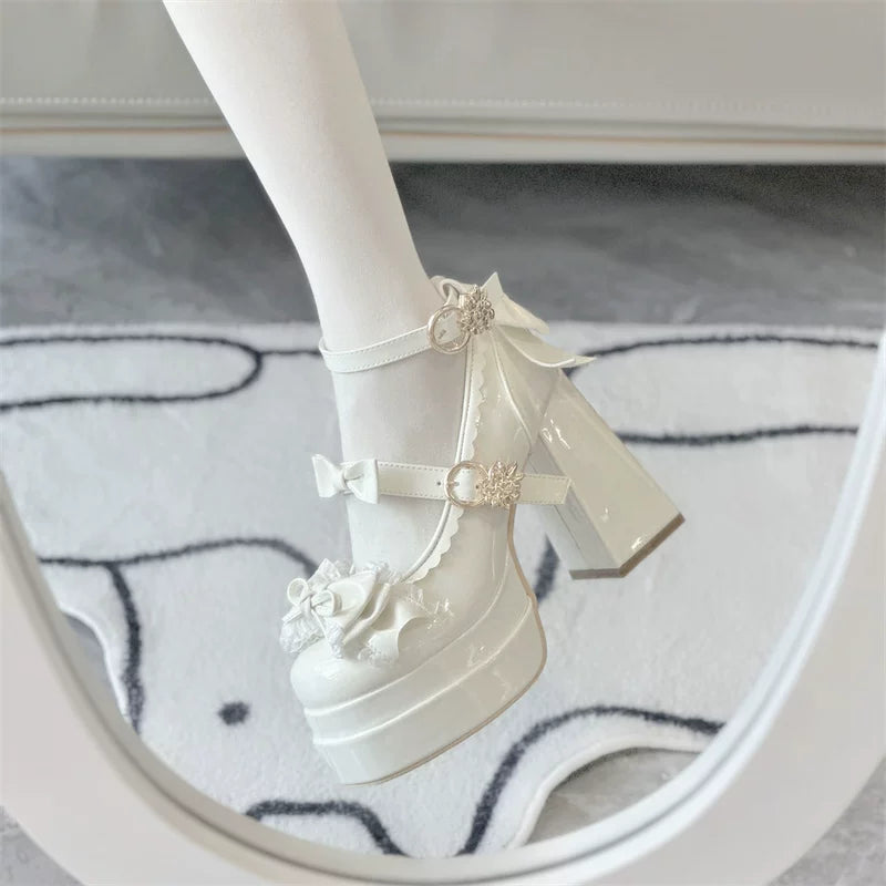 Dreamy Butterfly - Sweet Lolita Round Toe Heel Shoes, Bows & Ruffles (Off-white / 34 35 36 37 38 39 40) 45139:835964