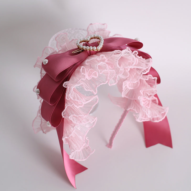 Xiaogui - Velvet Cake - Sweet Lolita Head Accessory Set with Ribbon Bow Details Heart-shaped Hair Hoop Only