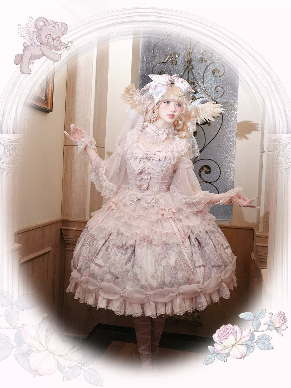 Eden - Classic Lolita Gorgeous JSK & OP, Angel Bear Print Dress 44646:816940