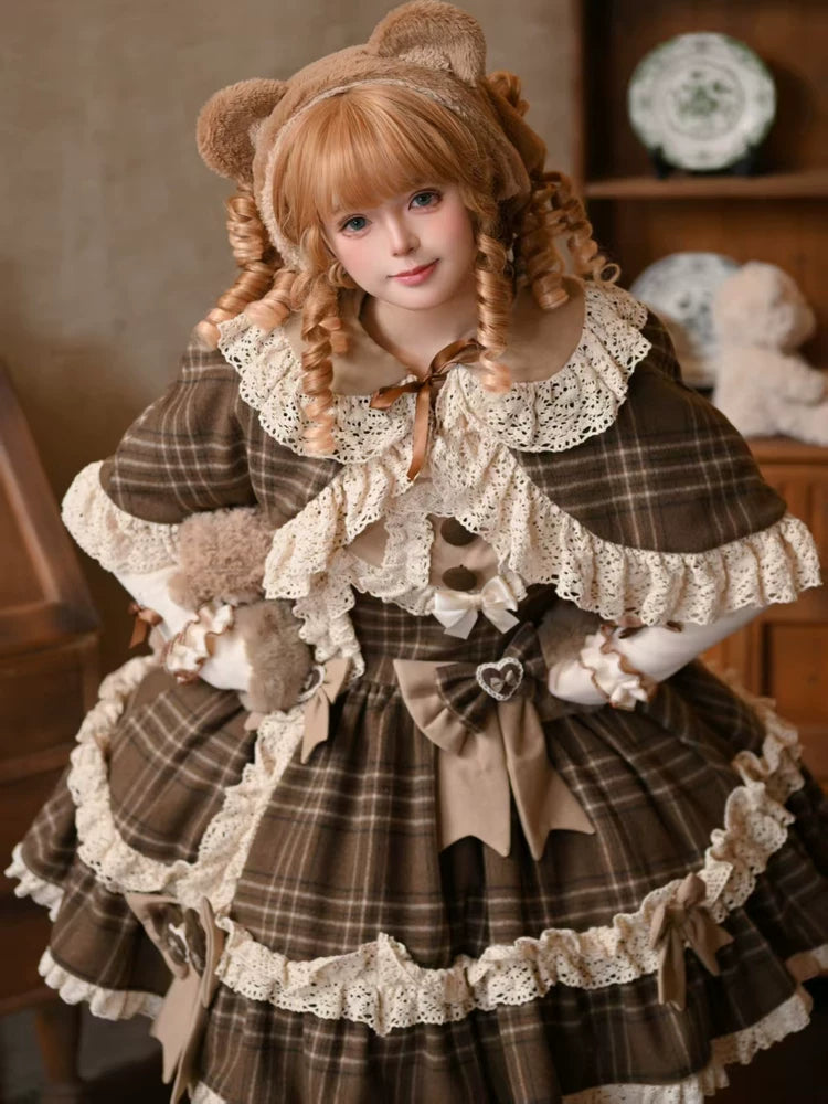 Choco Chestnut - Plaid Kawaii Lolita JSK Dress, Peter Pan Collar Cape (M) / L M S) 44501:810611
