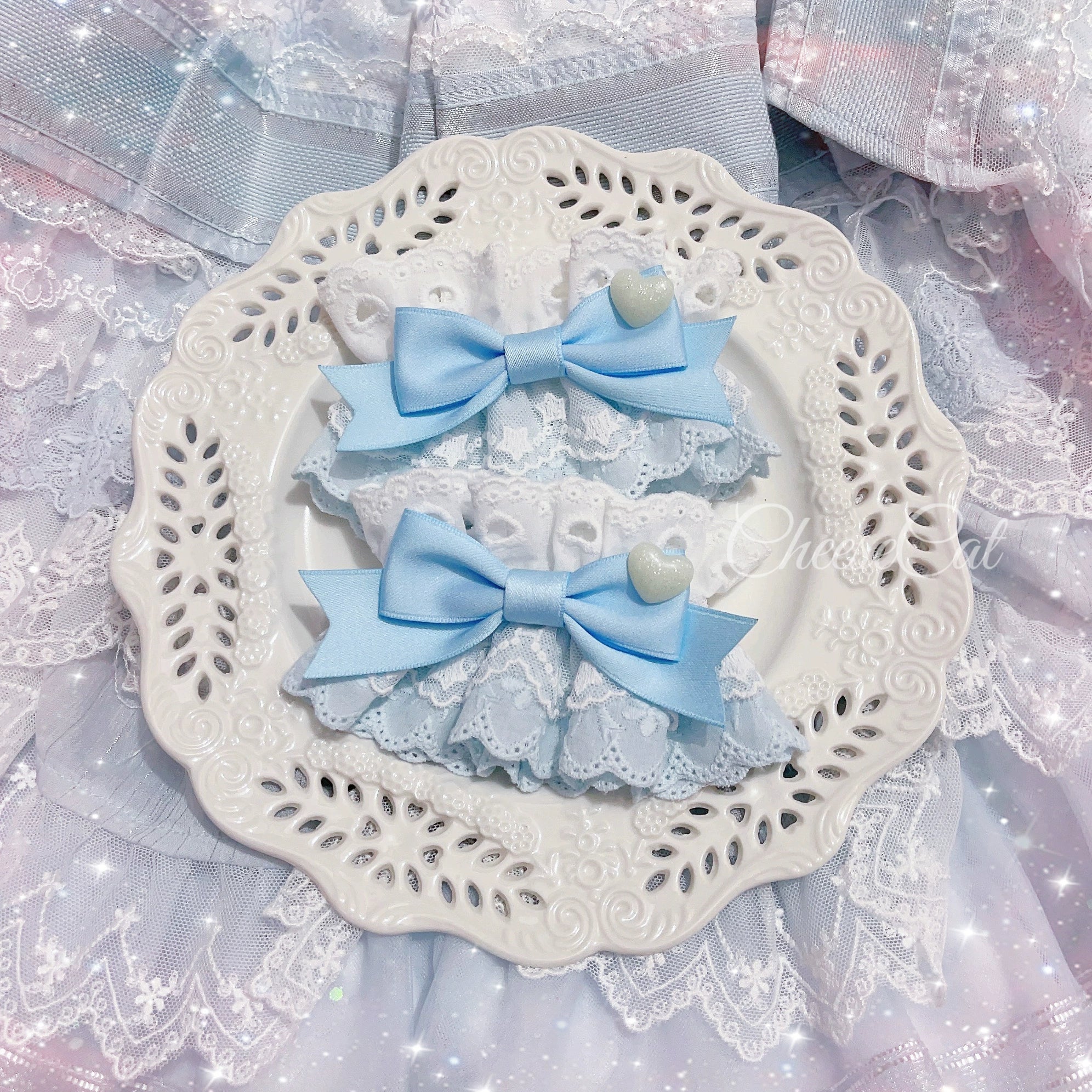 CheeseCat - Creamy Celestial - Sweet Lolita Cuffs Handmade Lace Cuffs Blue x white