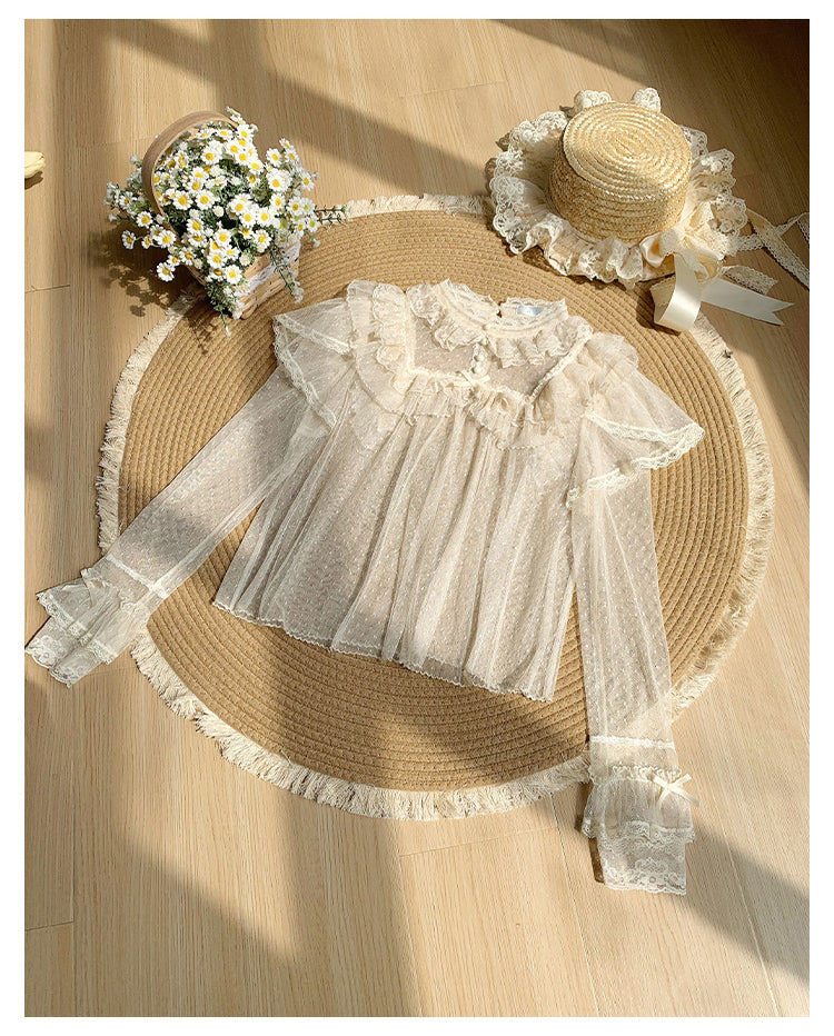 With PUJI - Letters and Poems - Summer Classic Lolita Shirt with Dotted Tulle and Long Sleeve Ivory S
