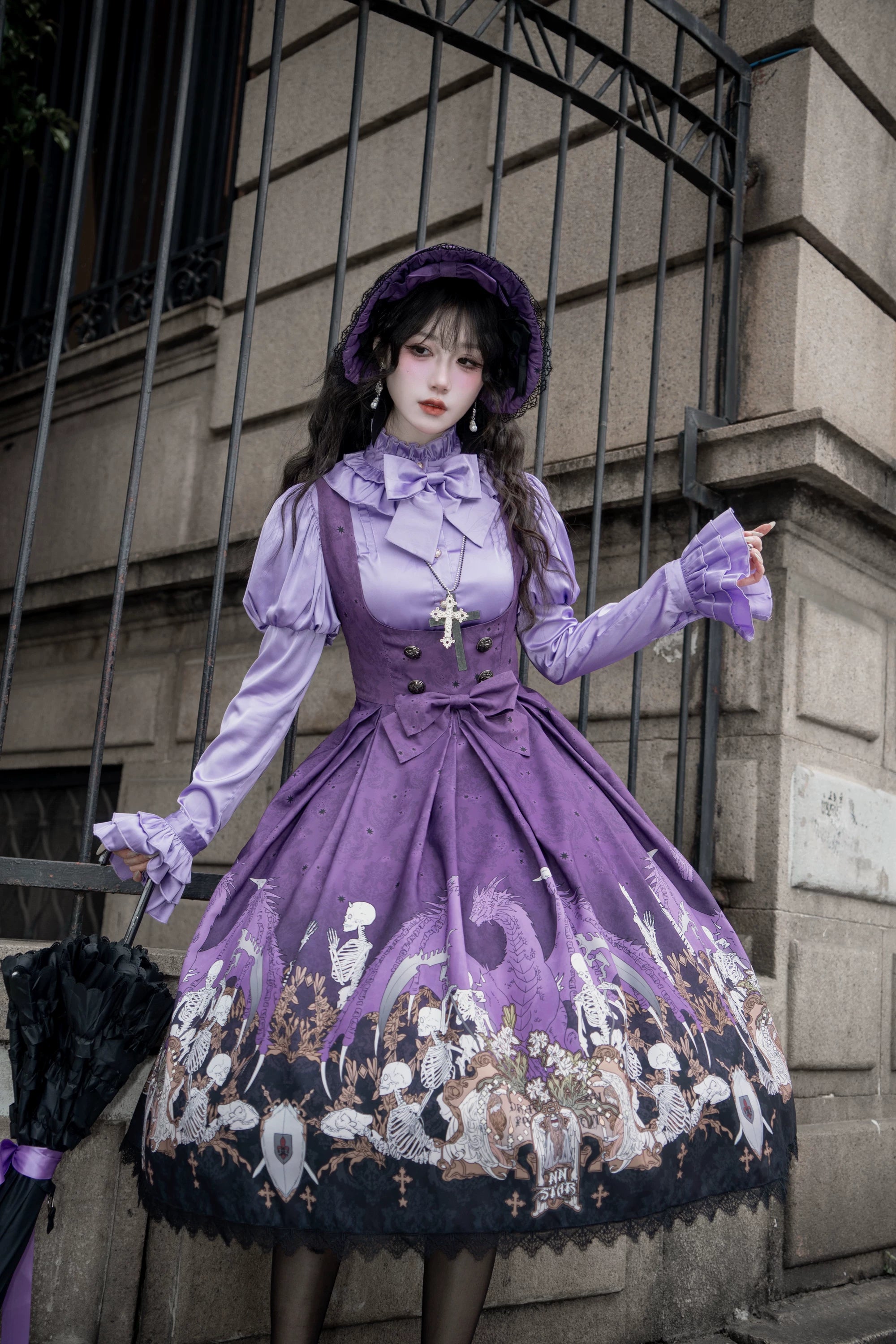Dragon Bone Lily - Vintage Gothic Lolita Dragon & Skeleton Print JSK Dress