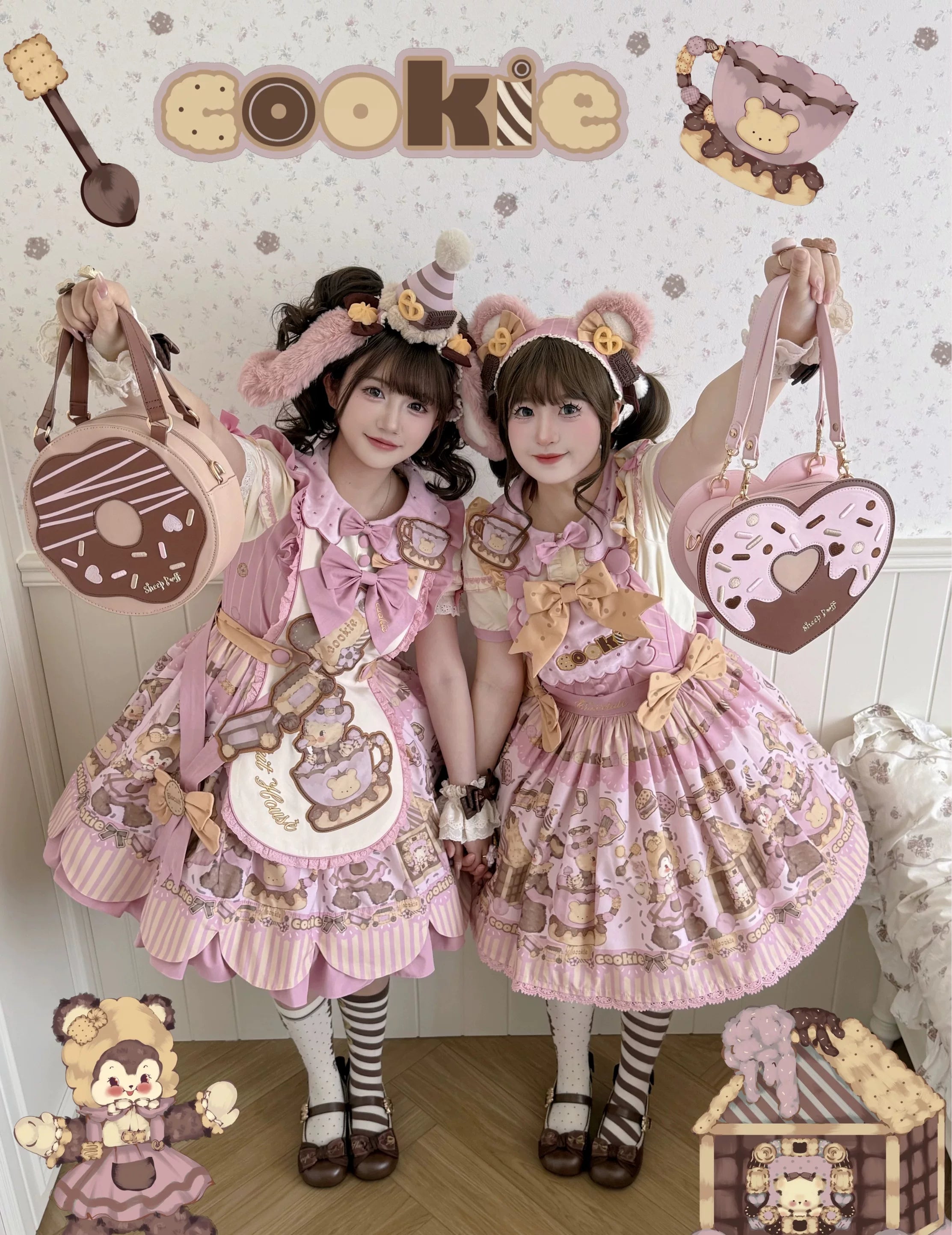 Bear Biscuit SP - Kawaii Lolita Bear Printed Dress Set with Bows