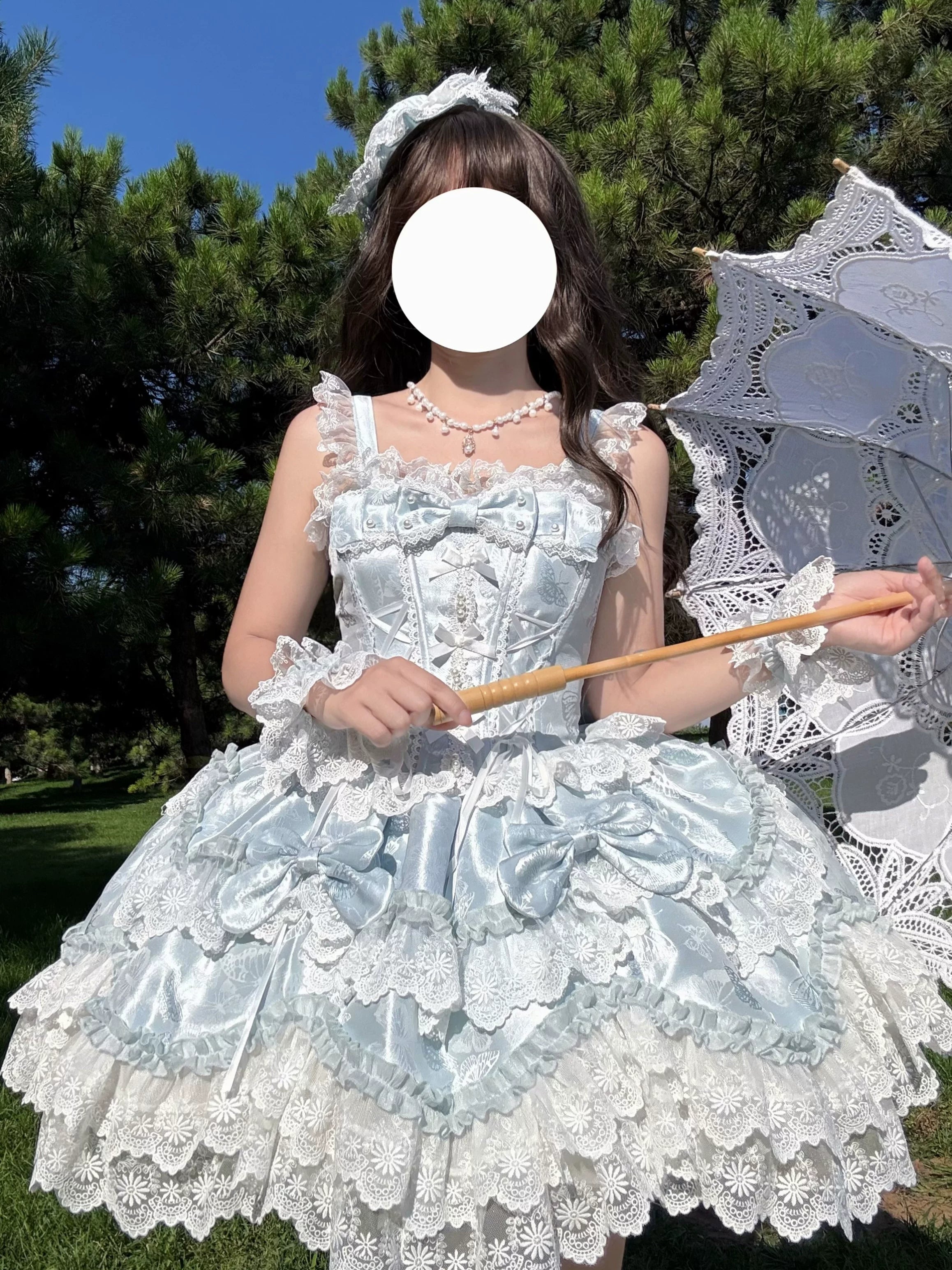 Realm of Sea Moon - Sweet Lolita Jacquard JSK, Boned Waist & Petal-shaped Hem Blue - JSK (with back trailing bow) Only S