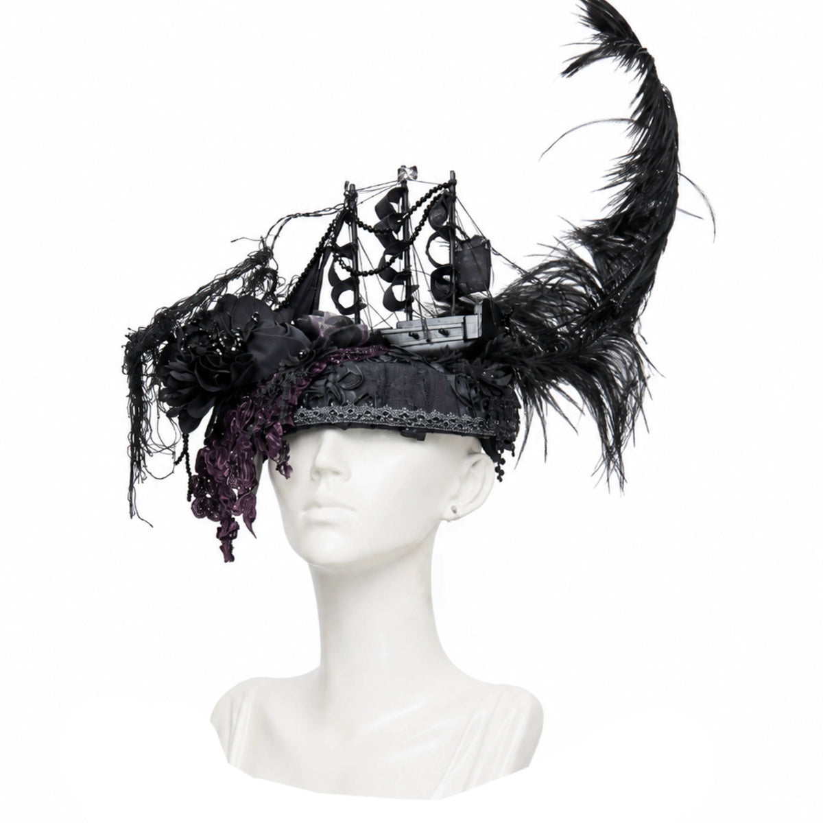 Undead's Gift - Halloween Gothic Lolita Sailboat Top Hat, Feather & Lace 46022:872794