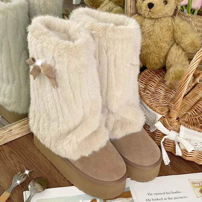 Pure Tea For Dream - Winter Love Song - Winter Lolita Mid-Calf Boots Plush Snow Boots Thick Sole Grey-brown 35