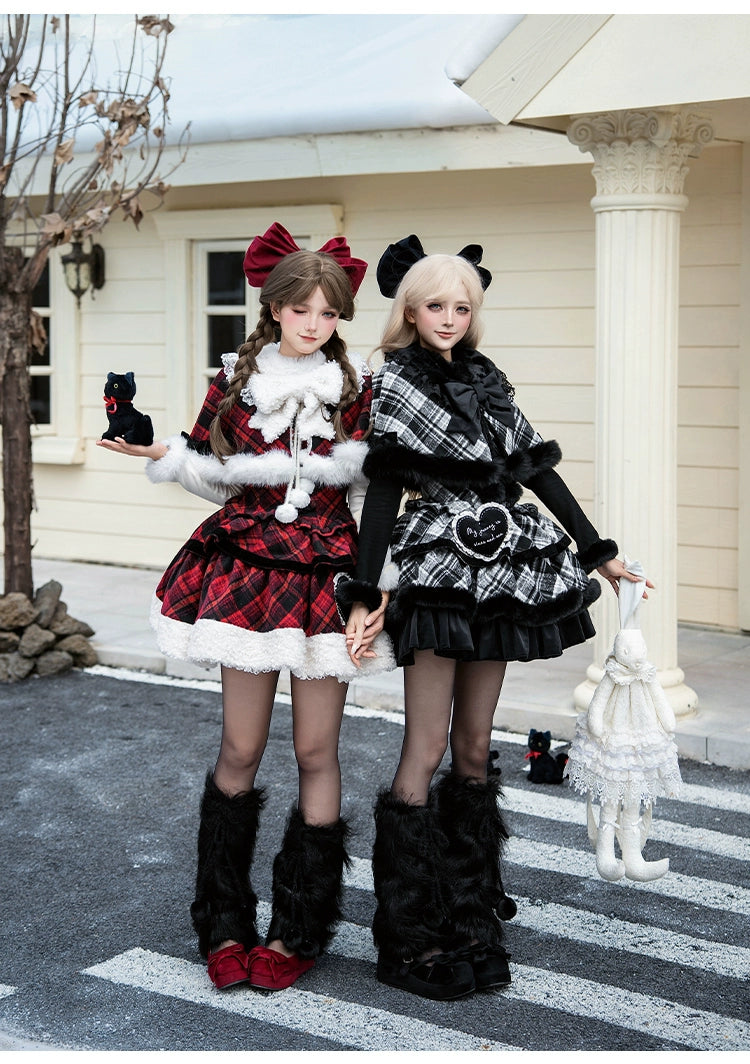With PUJI - Snow Night Serenade - Fluffy Plaid Kawaii Lolita JSK, Reversible Cape 44279:802327