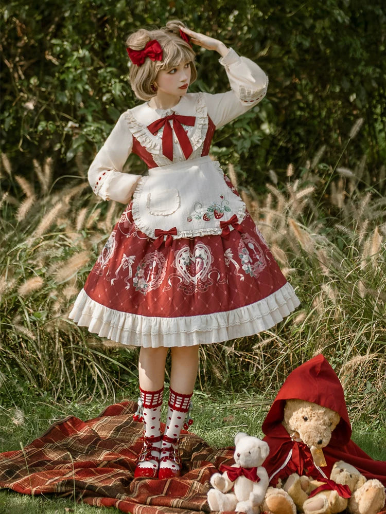 Strawberry Diary - Sweet Lolita Strawberry Print OP Dress with Cape