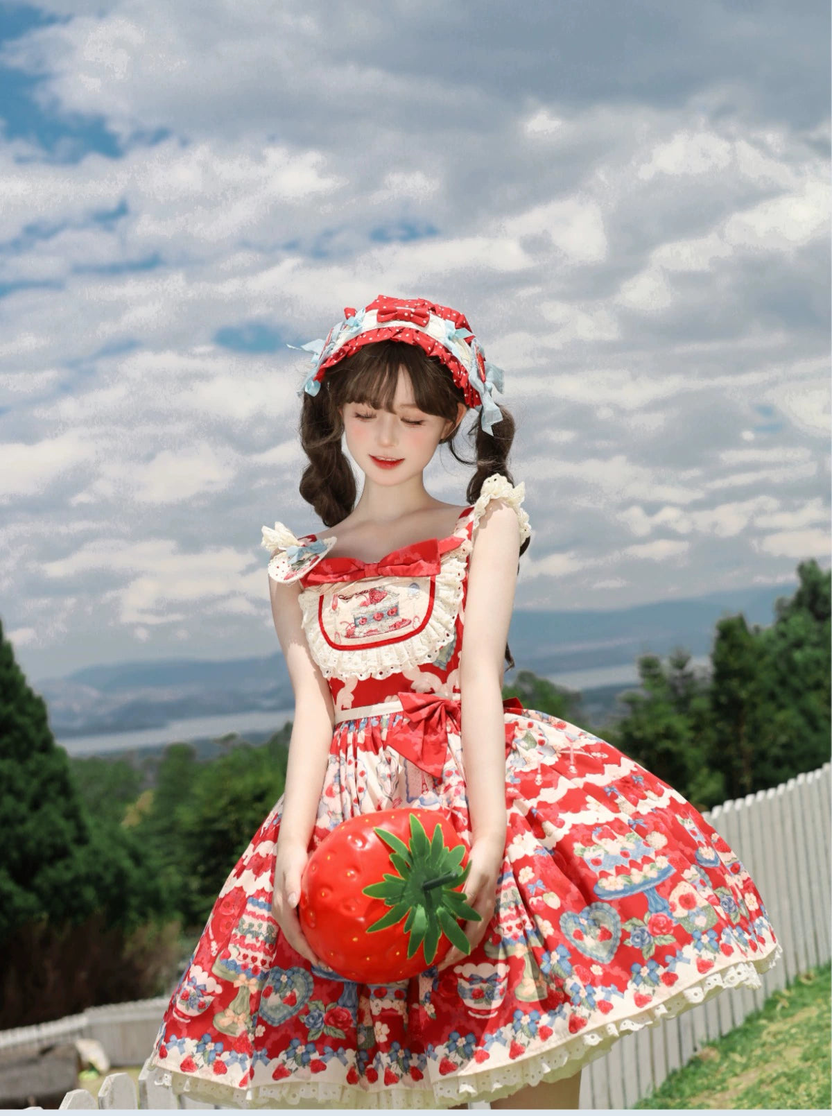 Rose Whispers - Strawberry Tata - Sweet Lolita Dress Suit With Strawberry Cake Print