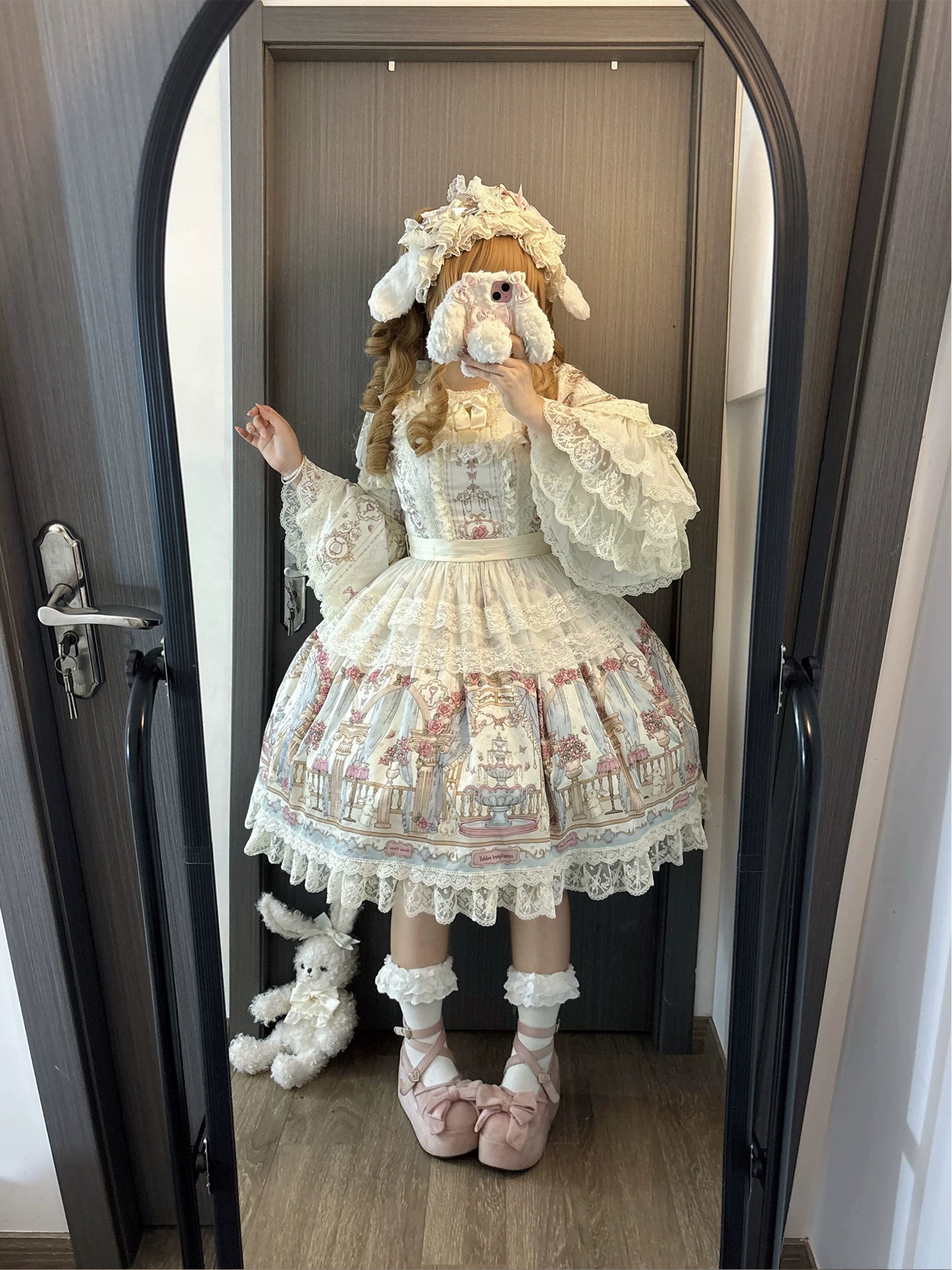 Wandering Rabbit's Palace - Doll-like Classic Lolita Palace Print OP Dress with Lace