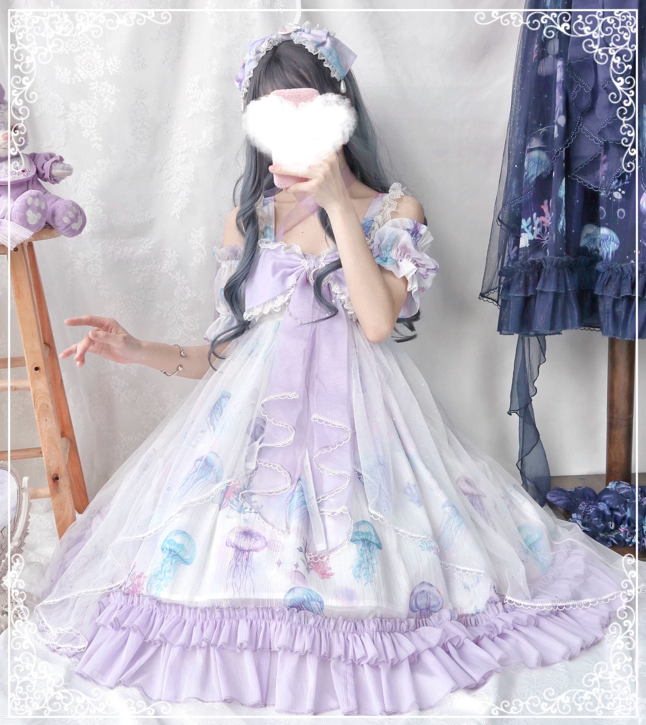 Coral Jellyfish - Sweet Lolita High-waist JSK Dress, Jellyfish & Coral Print 44906:827412