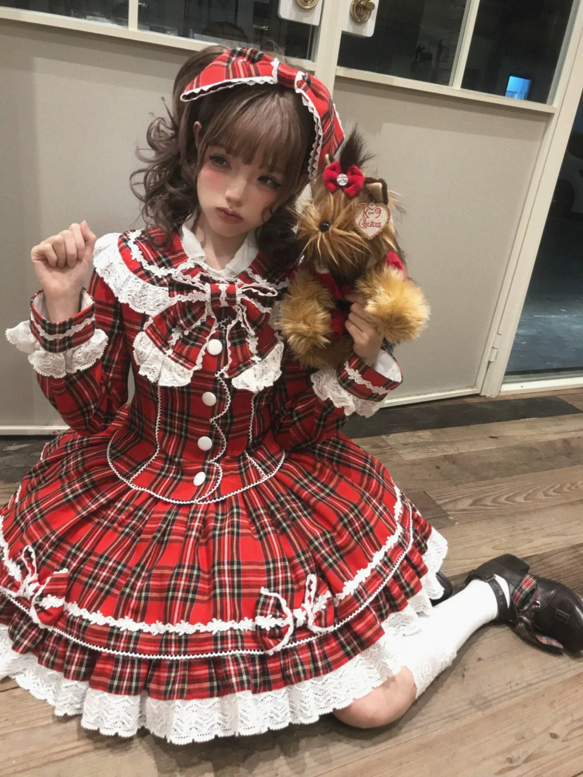 Christmas Knot - Christmas Old School Lolita Jacket & Skirt Set, Red Plaid 46051:873308
