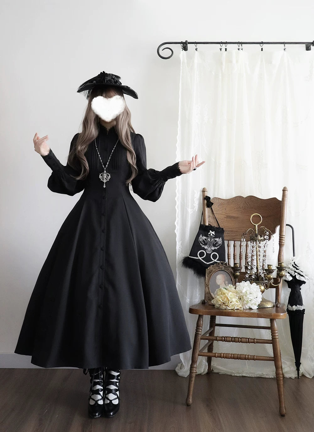 Astrea - Black Classic Lolita Long OP Dress, Side Pockets