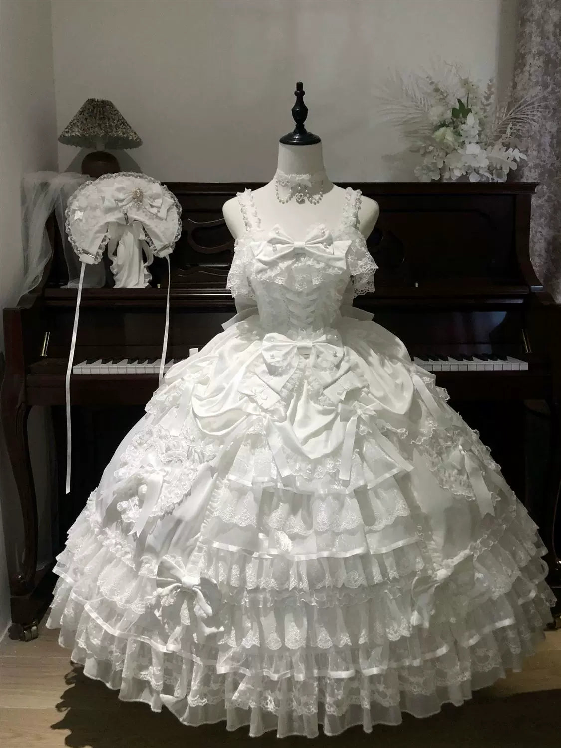 Drapery Poem - Sweet Wedding Lolita JSK Dress, Long Tiered Skirt White - JSK Only (without choker) S