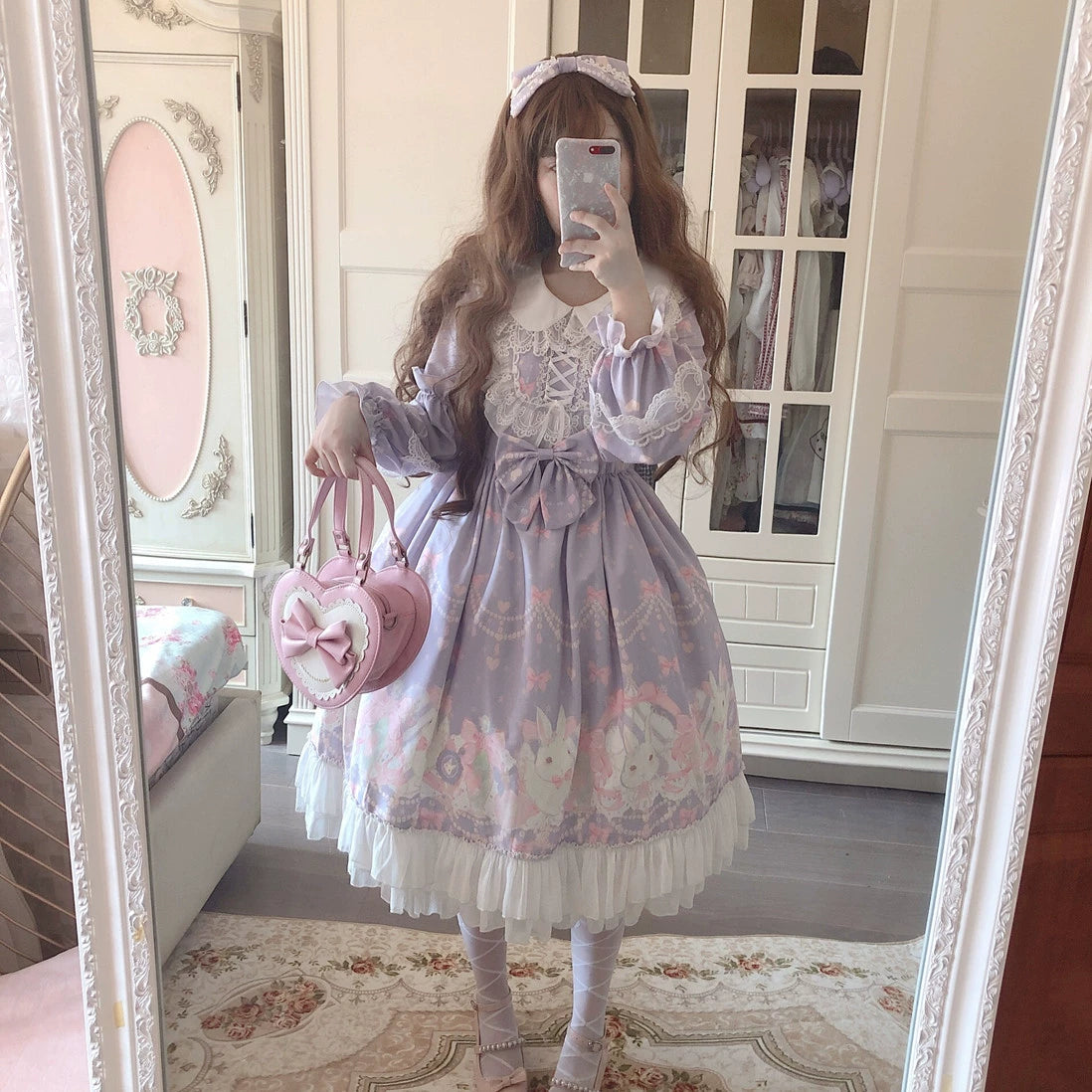 Doujiang - Kawaii Lolita OP Rabbit Print Pink Purple Lace Princess Dress M Long-sleeved dress + headband