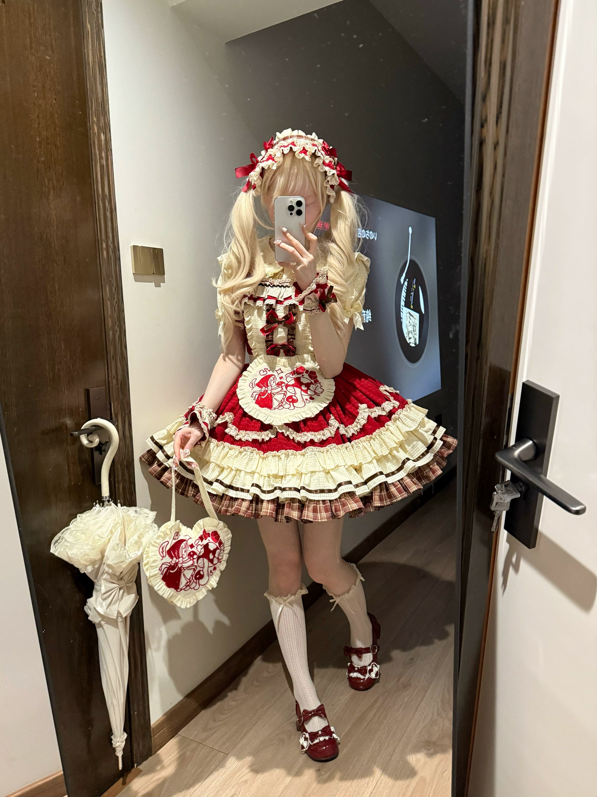 Xiao Ai Qu - Little Red Cloak - Sweet Lolita JSK Set, Rabbit Ear Cape 44348:805016