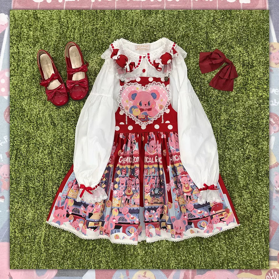 Chemical Romance - Sweetheart Doll Machine - Sweet Lolita Printed Salopette S with lace red