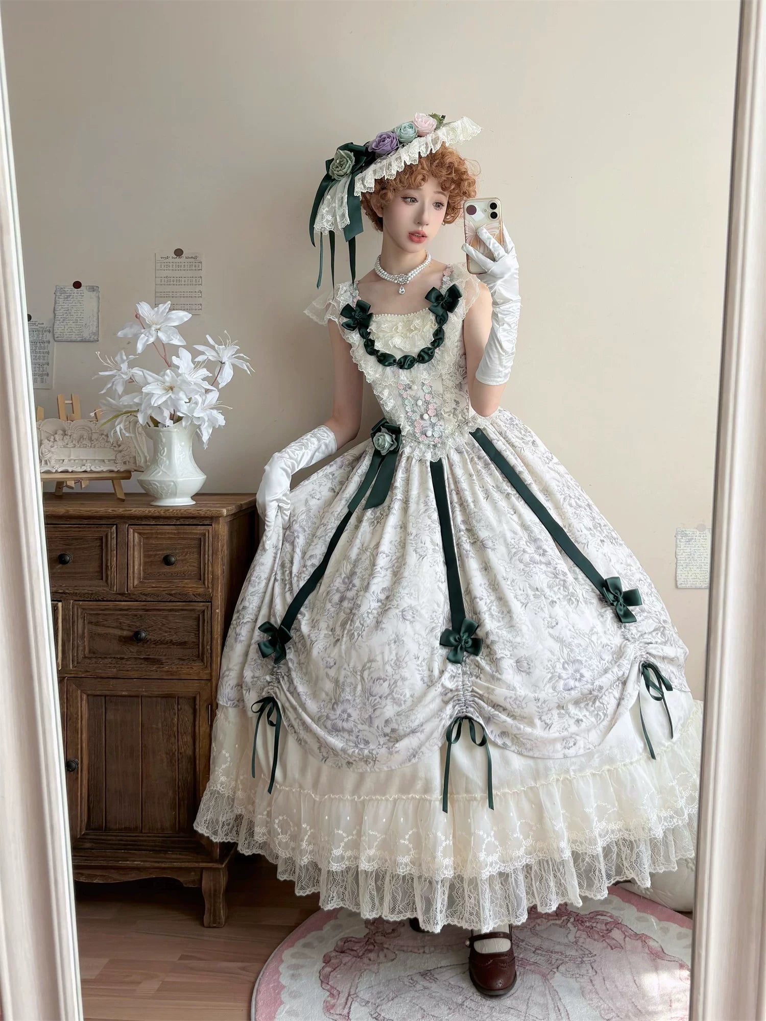 Dolota Flower Wall - Classic Lolita Floral OP Dress, Open Shoulder 44485:811118