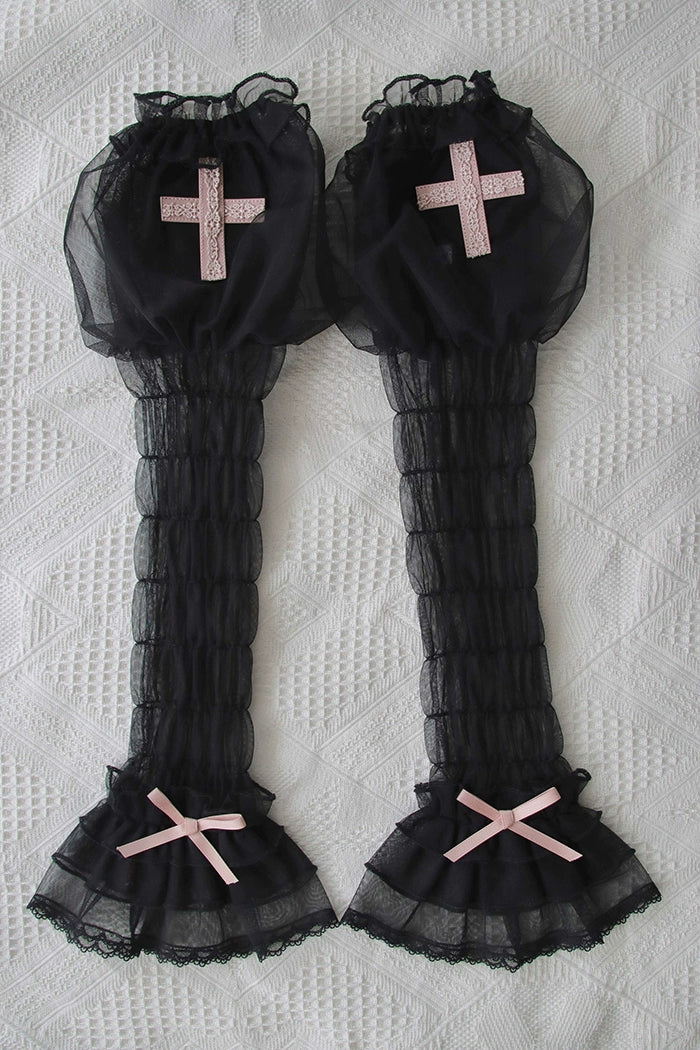 Alice Girl - Cross Maiden - Gothic Lolita Cuffs Puff Arm Sleeves XS black-pink