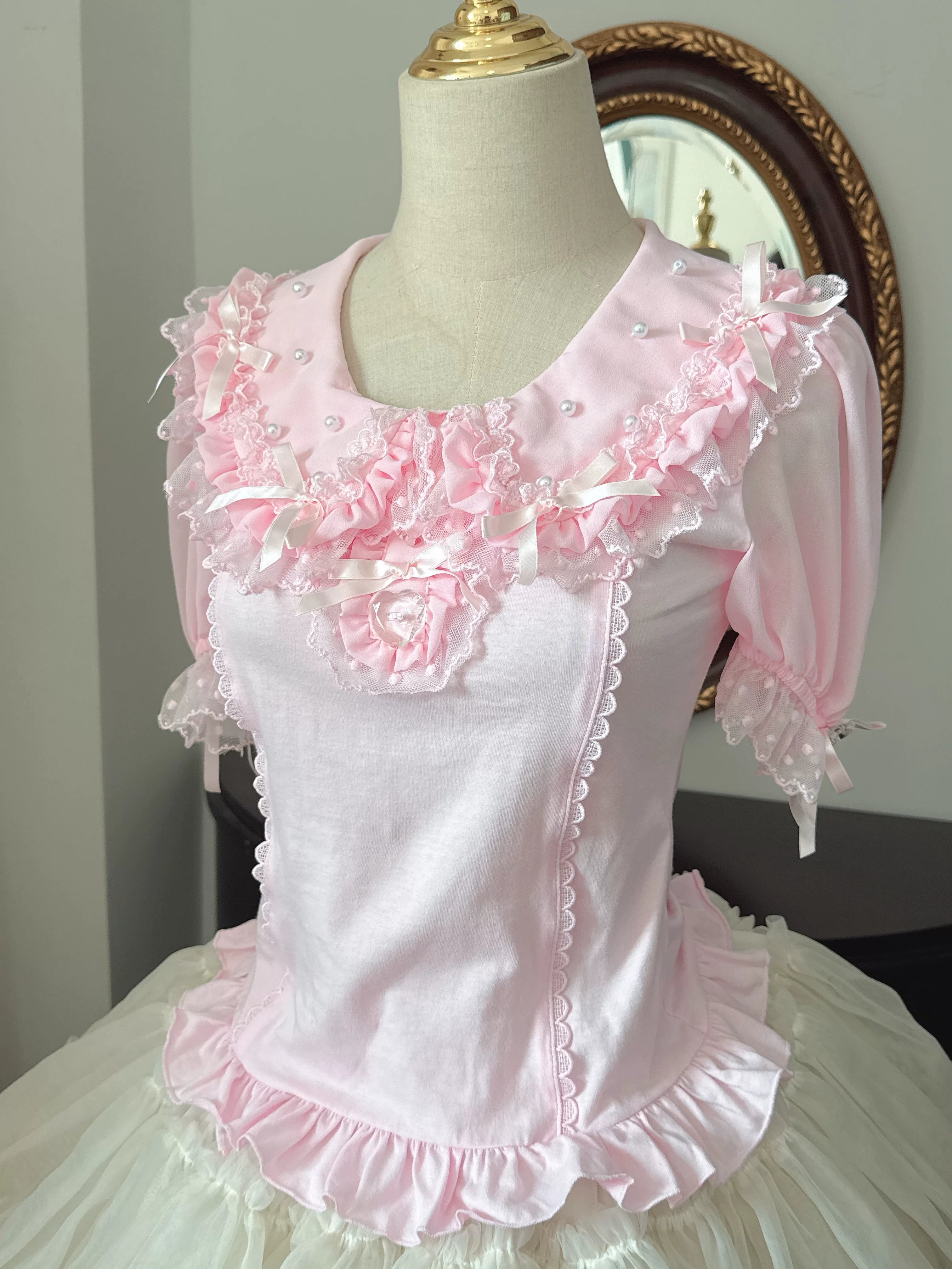 Sea Coconut - Cotton Old School Lolita Peter Pan Collar Blouse with Lace Light Pink - Short Sleeve Blouse Small
