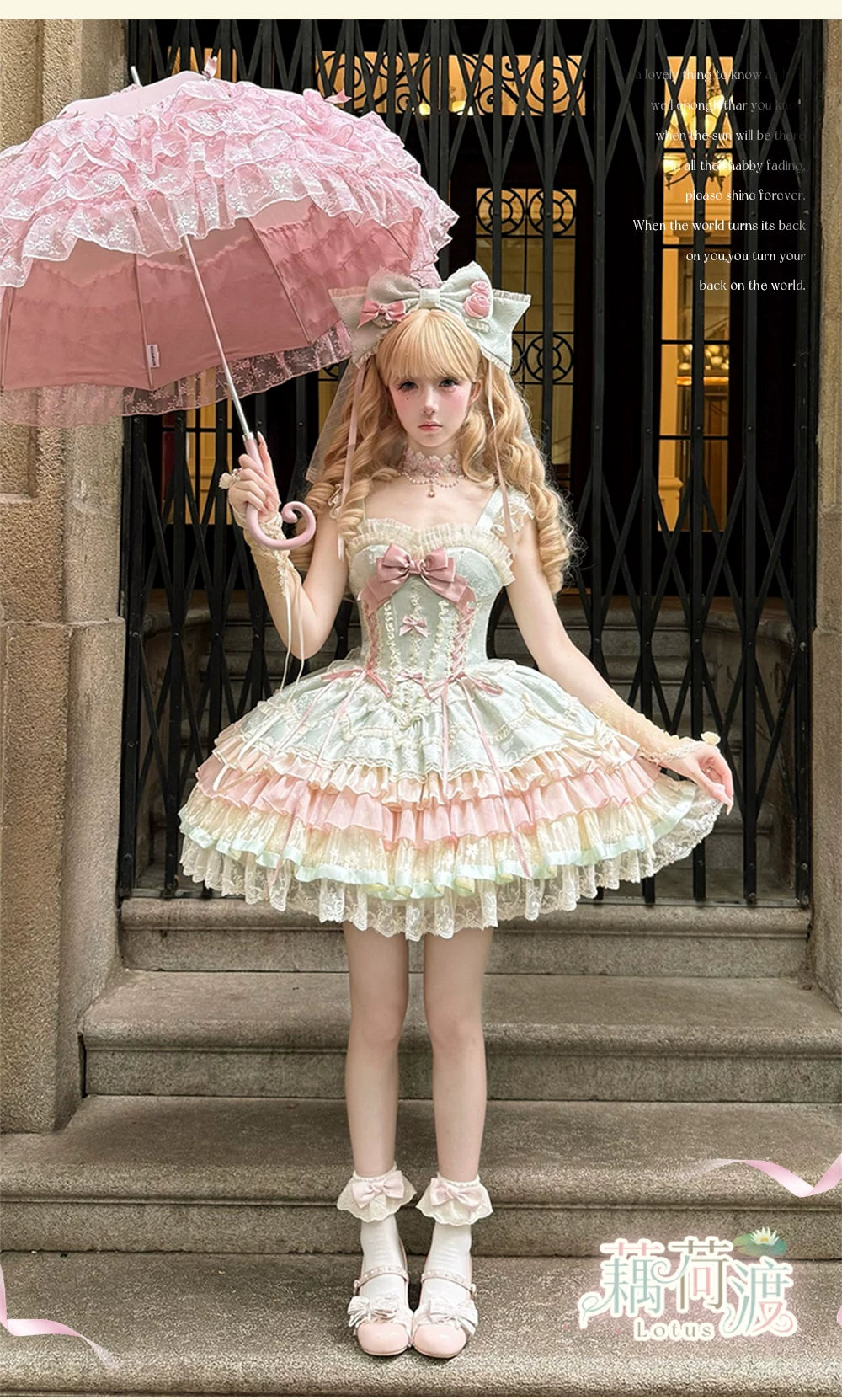 Lotus Crossing - Sweet Lolita Tiered Hem JSK Dress with Satin Bow 45302:844786