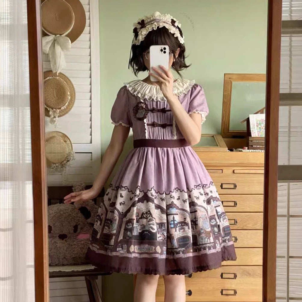 Sweet Dream Sheep - Vintage Bear - Printed Sweet Lolita Dress, Zipper Clousure 43709:784122