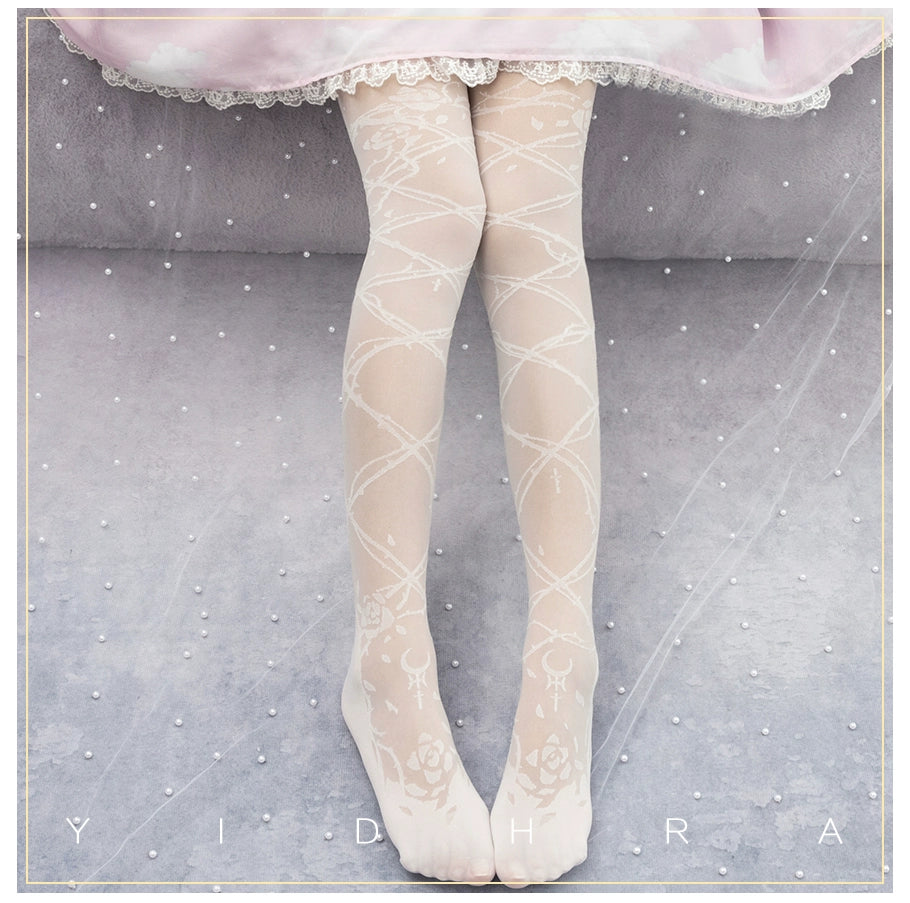 Glass Yarn Gothic Lolita Tights for Tropical Elegance One Size white
