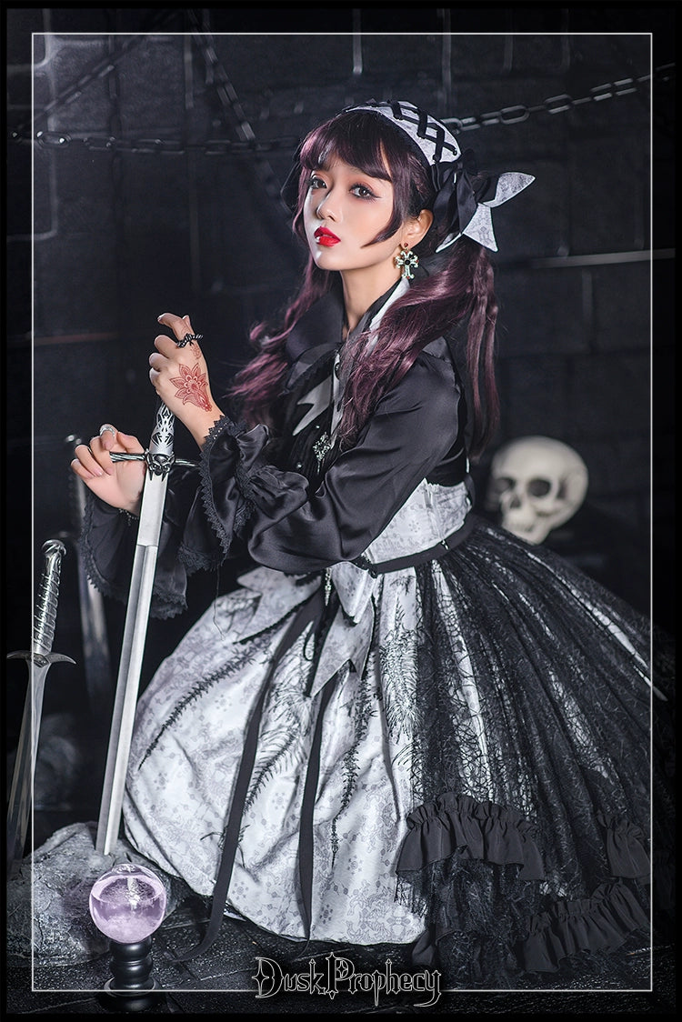 DuskProphecy - Coccyx - Elegant Lolita Dress High Waist Fishbone Print JSK Set 34722:466422