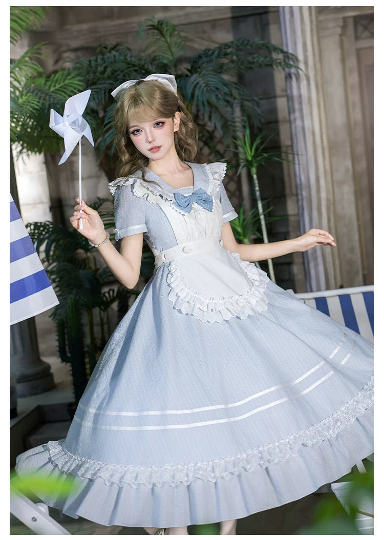 Seven-Day Bell - Blue Classic Lolita Striped OP Dress, Sailor Collar 45166:837868