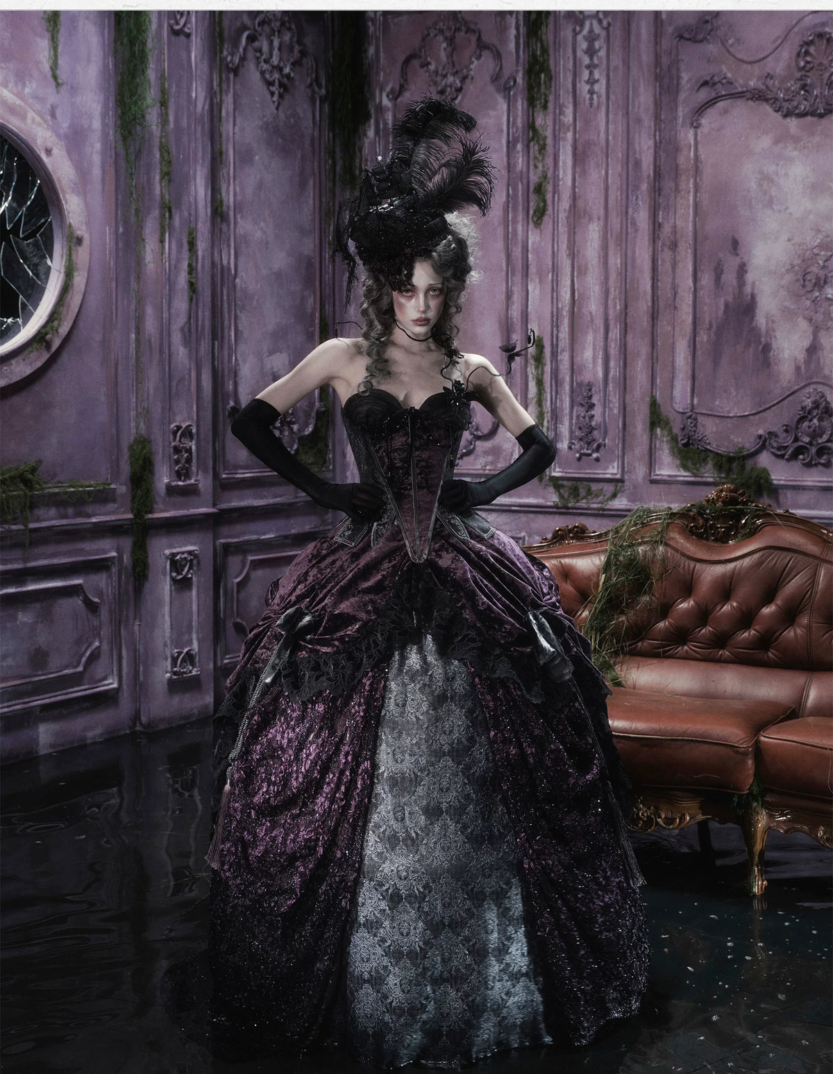Undead's Gift - Halloween Gothic Lolita Draped Panel Skirt Set, 3D floral lace