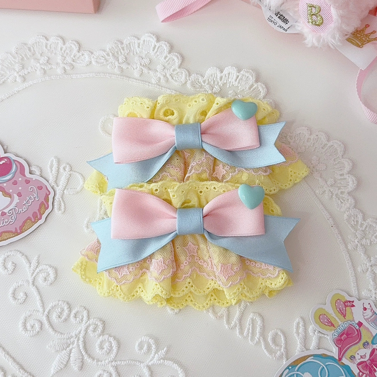 CheeseCat - Creamy Celestial - Sweet Lolita Cuffs Handmade Lace Cuffs Yellow x blue x pink