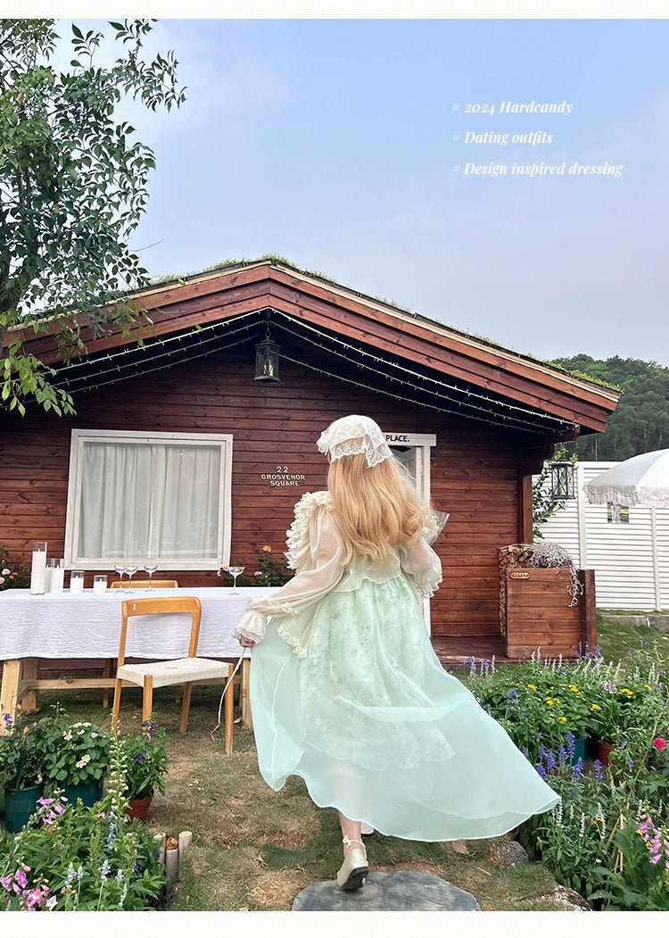 Yingtang - Plus Size Lolita JSK Dress Green Floral Lolita Dress Caidigan Set