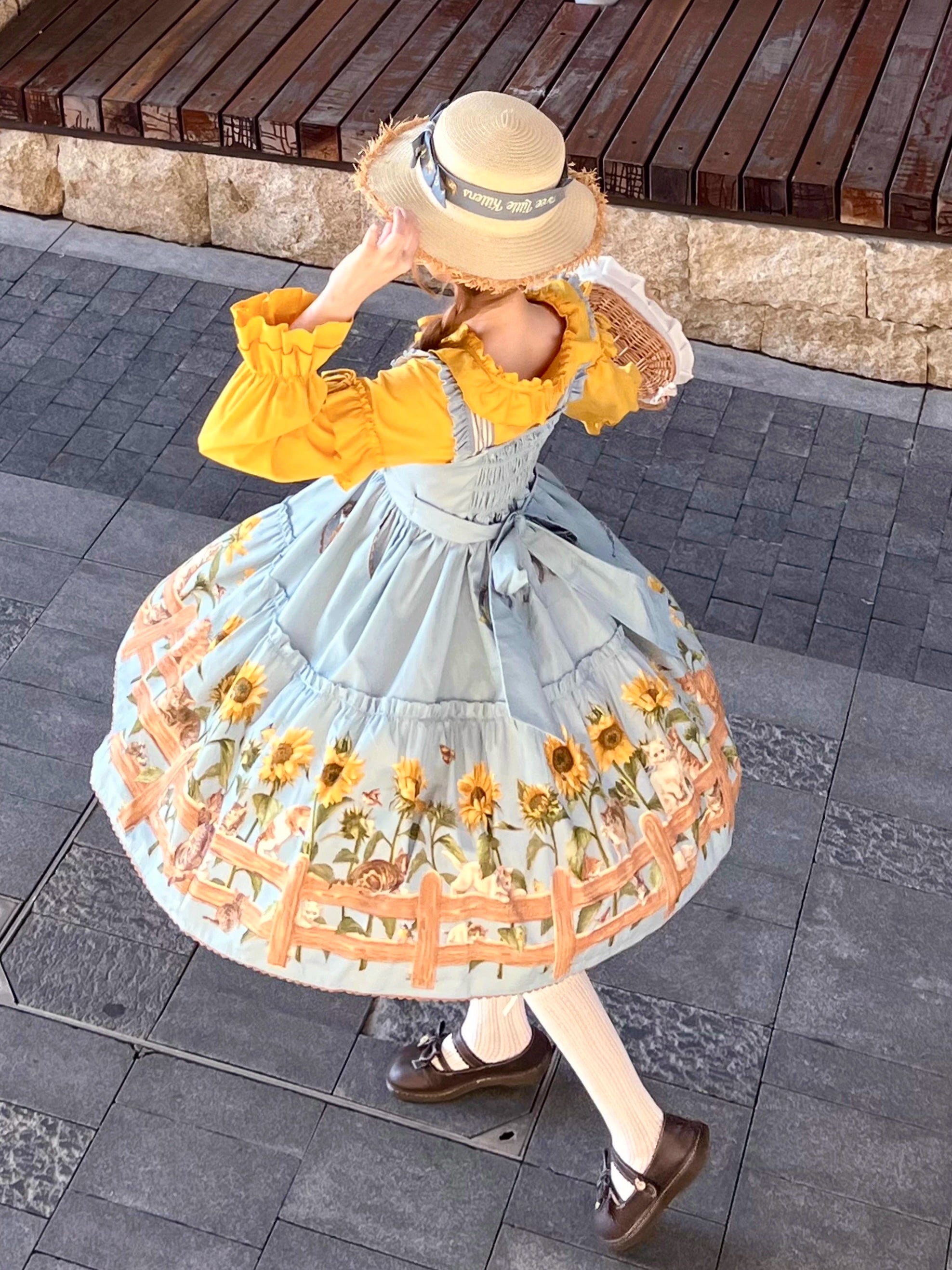 Polaris Lolita - Cat and Sunflower - Sweet Lolita JSK Cat and Sunflower Print Dress and Headdress Set