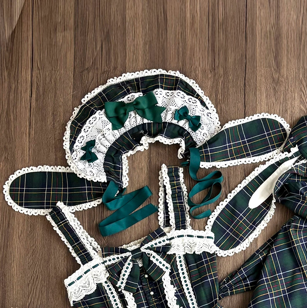 Plaid Petal Bunny - Old School Lolita Bunny Ear Headdress, Bear Ear Apron 44742:820807