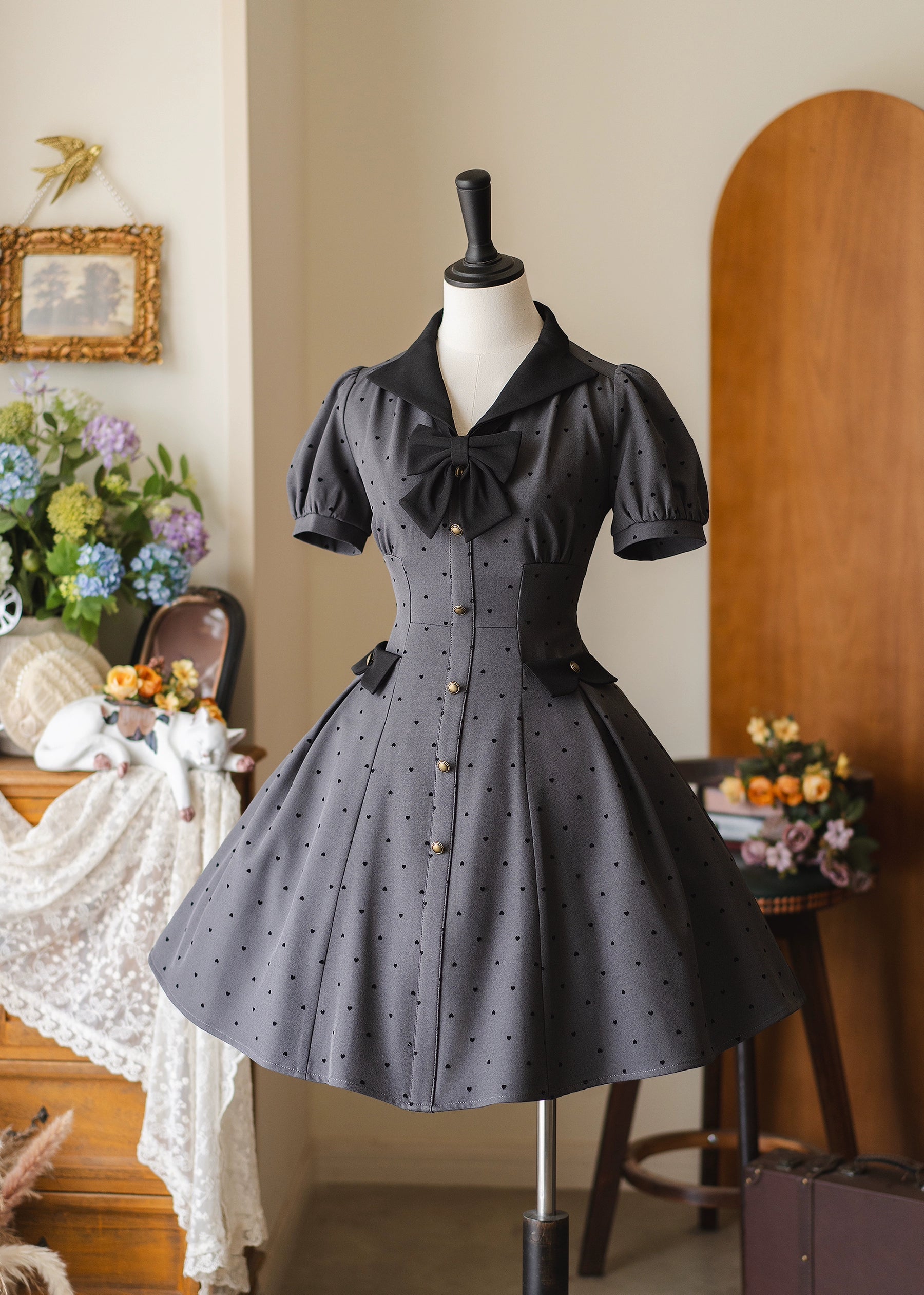Forest Wardrobe - Forest Polka-Dot - Classic Lolita OP Dress With Polka Dots & Pockets Dark Gray S