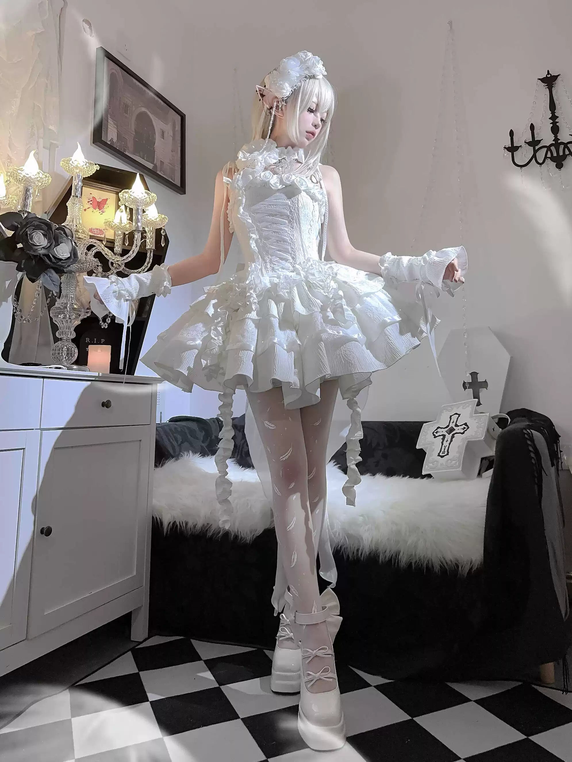 Silent Manor - White Gothic Lolita Fishbone JSK Dress 43499:777803