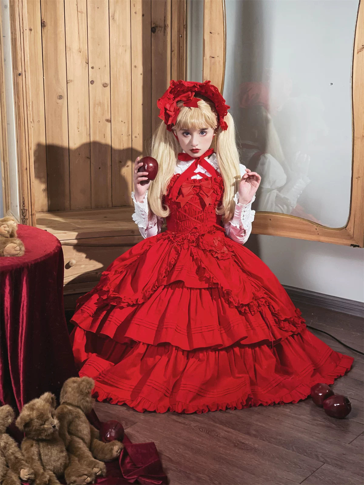Cotton Gothic Lolita Long JSK, Drawn-up Hem Red S