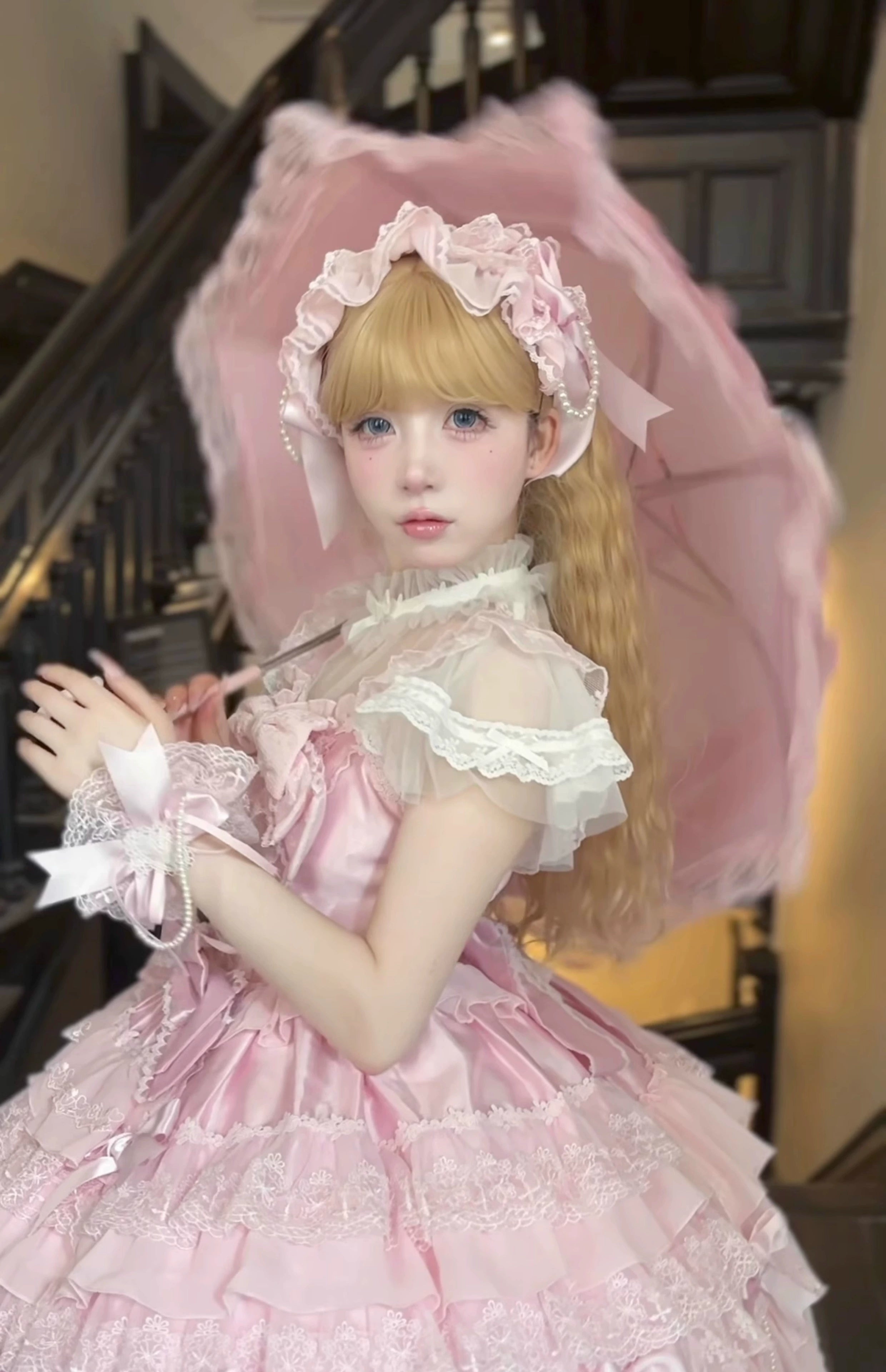 Cocoa Sweetheart - Love Descends - Wedding Lolita Jumper Dress, White Blouse One Size Pink arm sleeves ( a pair)